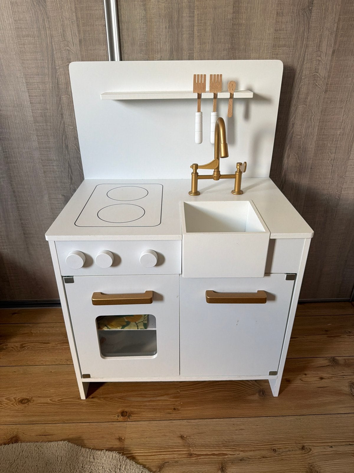 Witte houten kinderkeuken met gouden details, Ophalen, Zo goed als nieuw, Hout, Speelkeuken