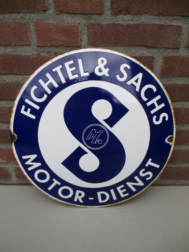 Emaille Fichtel & Sachs reclamebord., Ophalen of Verzenden, Gebruikt, Reclamebord
