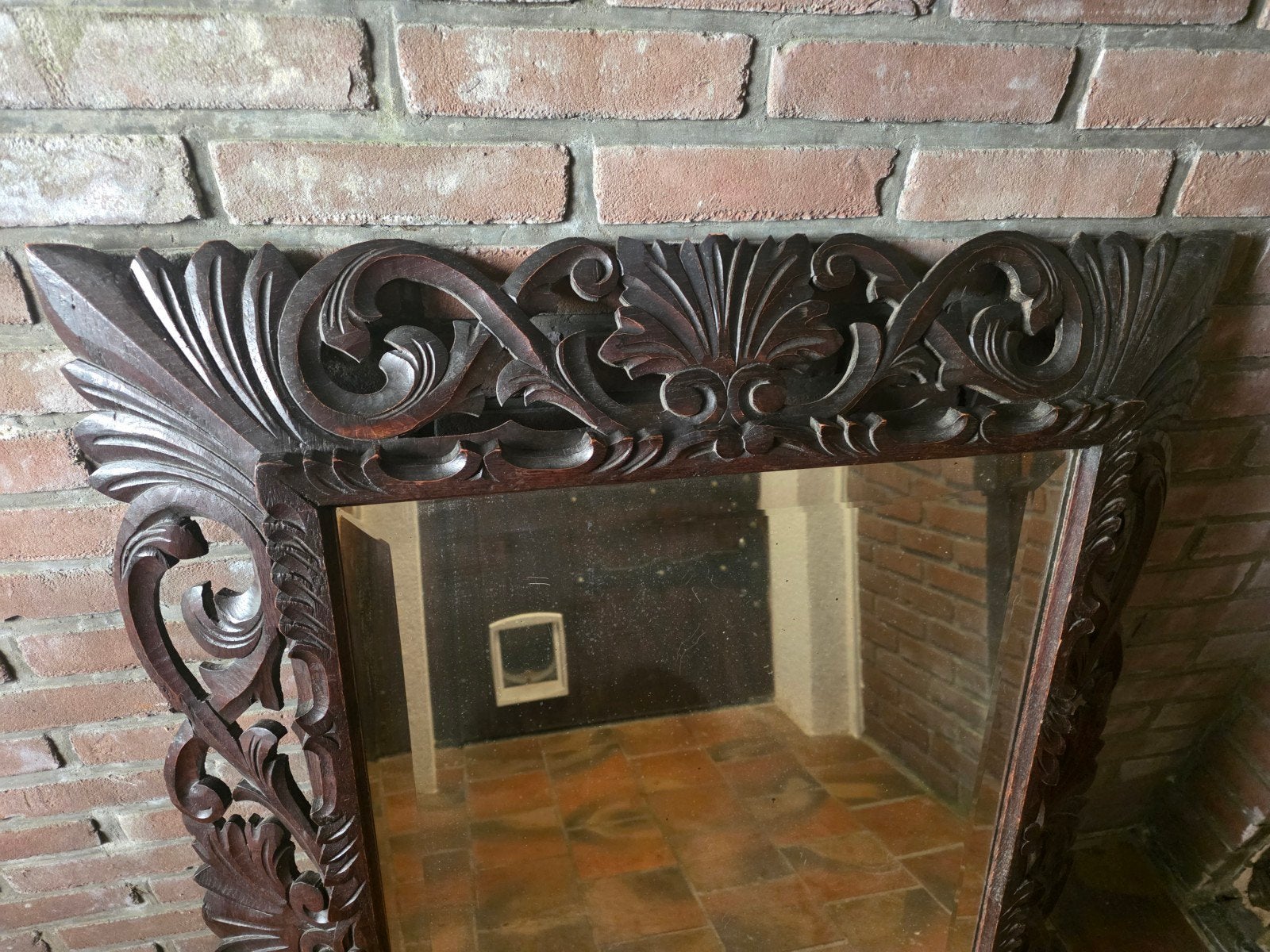 Zware eiken Brokante Kasteel spiegel., Ophalen, Rechthoekig, 50 tot 100 cm, 100 tot 150 cm