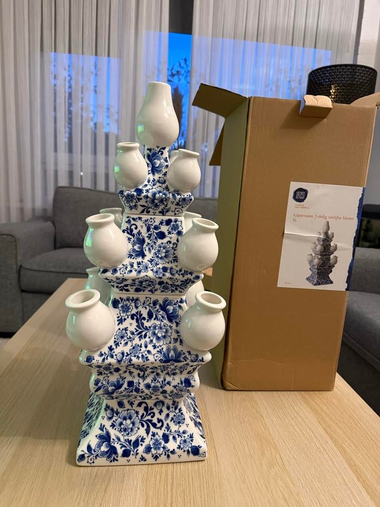 Heinen Delfts Blauw Tulpenvaas 3-delig sierlijke bloem XL, Ophalen of Verzenden