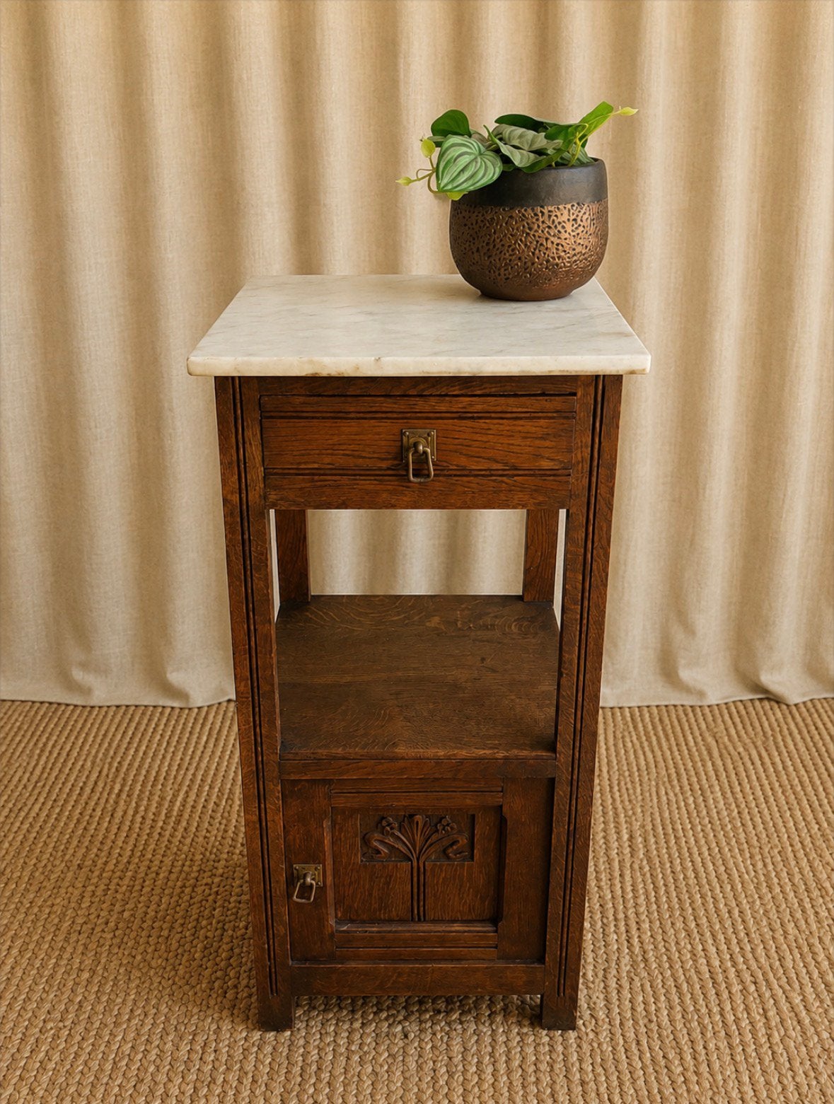 Antiek nachtkastje met marmer blad, Ophalen, Gebruikt, Minder dan 45 cm, 70 cm of meer