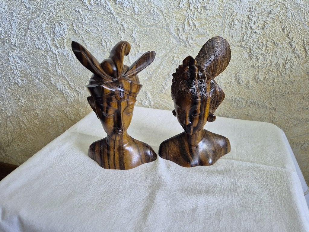 Vintage Balinese Houten Bustes (Set Man & Vrouw), Antiek en Kunst, Ophalen of Verzenden