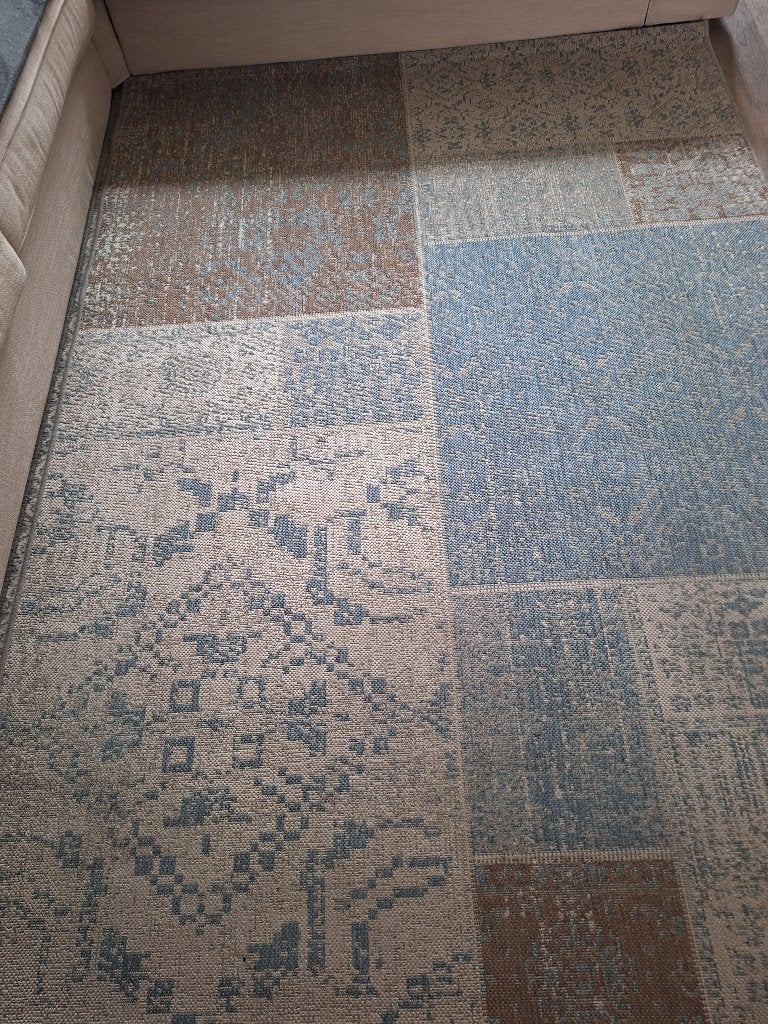 Patchwork vloerkleed blauw bruin beige, Ophalen, Gebruikt, Mozaïek, Blauw