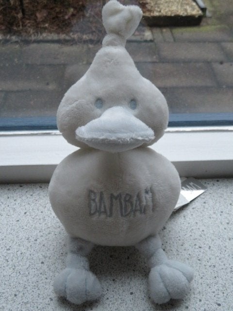 Witte Eend Bam Bam eendje velours licht blauwe ogen borduur, Met geluid, Nieuw, Ophalen of Verzenden, Eend