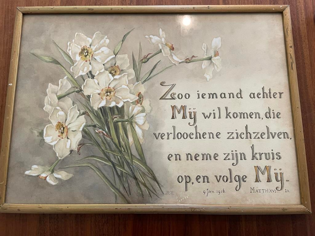 Ina Rahusen: Aquarel met narcissen en Bijbeltekst, Antiek en Kunst, Kunst | Schilderijen | Klassiek, Ophalen