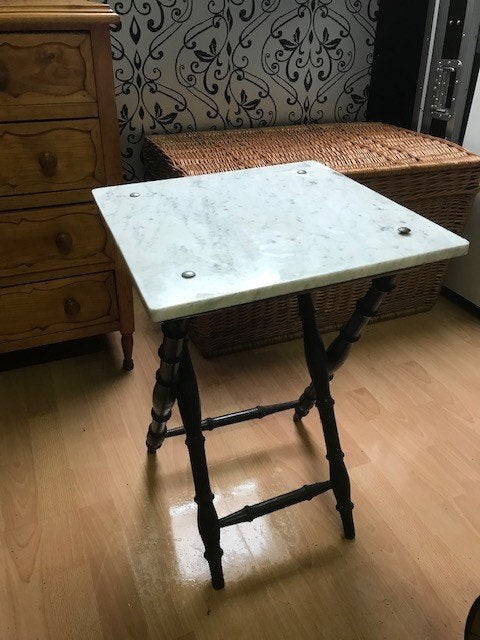 Plantentafel of bijzettafel - Marmer op houten frame, Tuin en Terras, Ophalen, Gebruikt, Vierkant, Hout