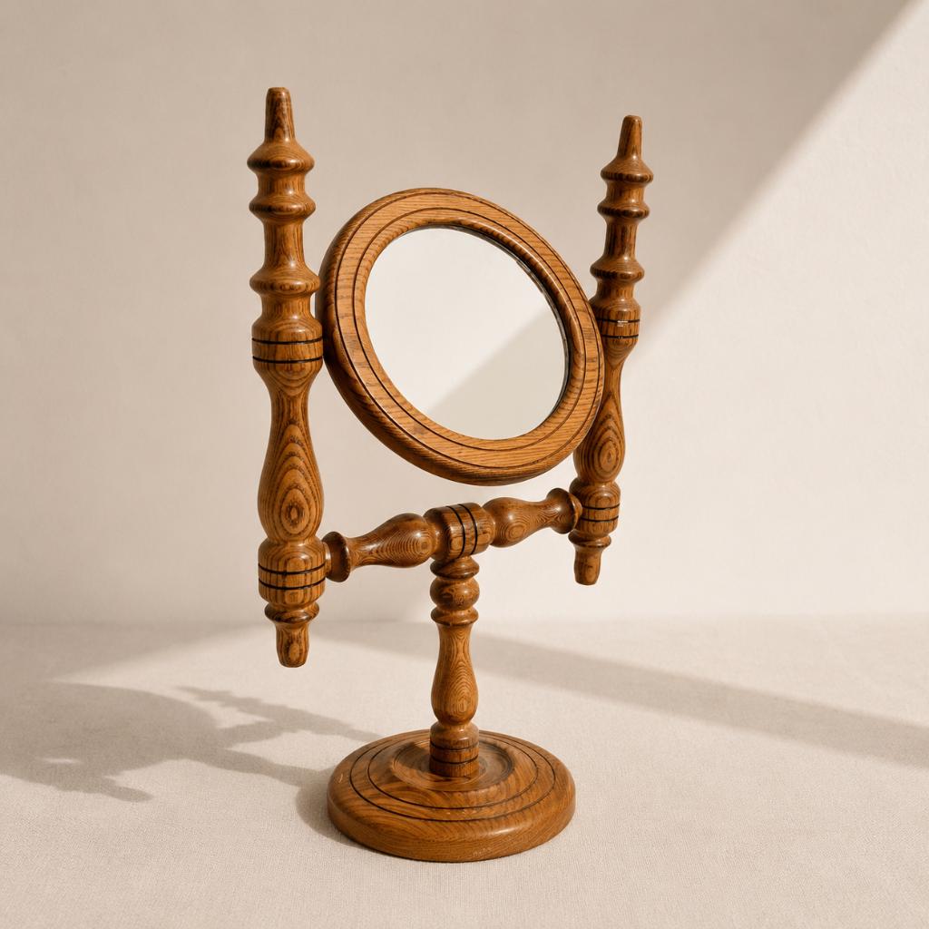 Vintage houten vanity mirror – draaibare tafelspiegel – 70's, Minder dan 50 cm, Rond, Ophalen of Verzenden, Zo goed als nieuw