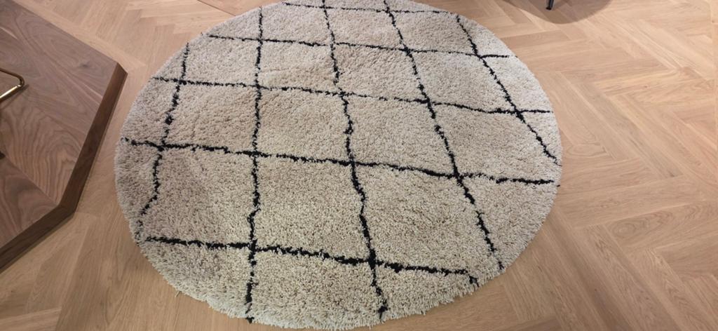 Rond Velaar vloerkleed - Crème met zwart patroon, Modern, Geometrisch, Scandinavisch, Nieuw, Ophalen of Verzenden, 100 tot 150 cm