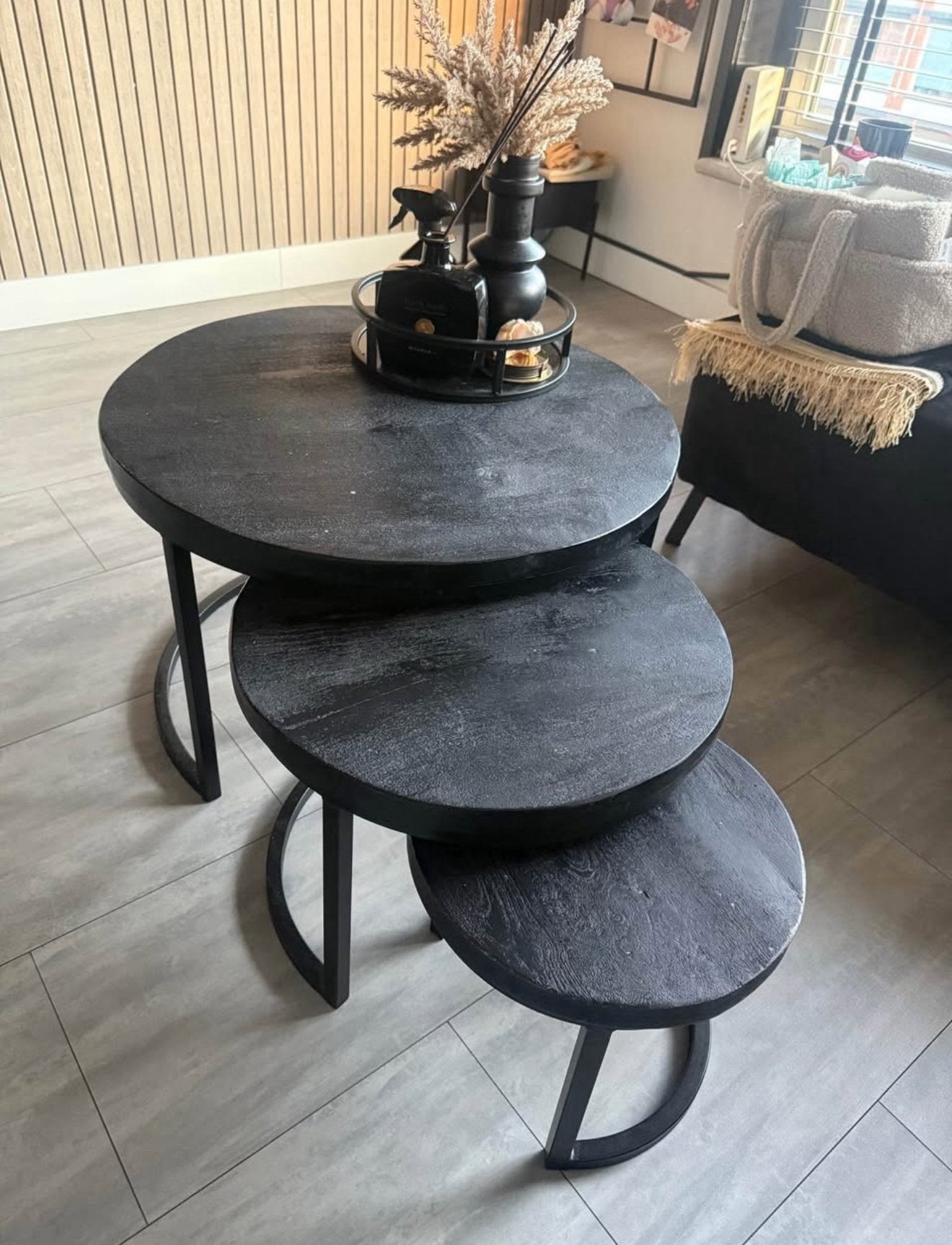 Bamboe Salon Tafeltjes Set van 3 – Zwart – Bijzettafels, Ophalen, Zo goed als nieuw, Rond, 50 tot 100 cm