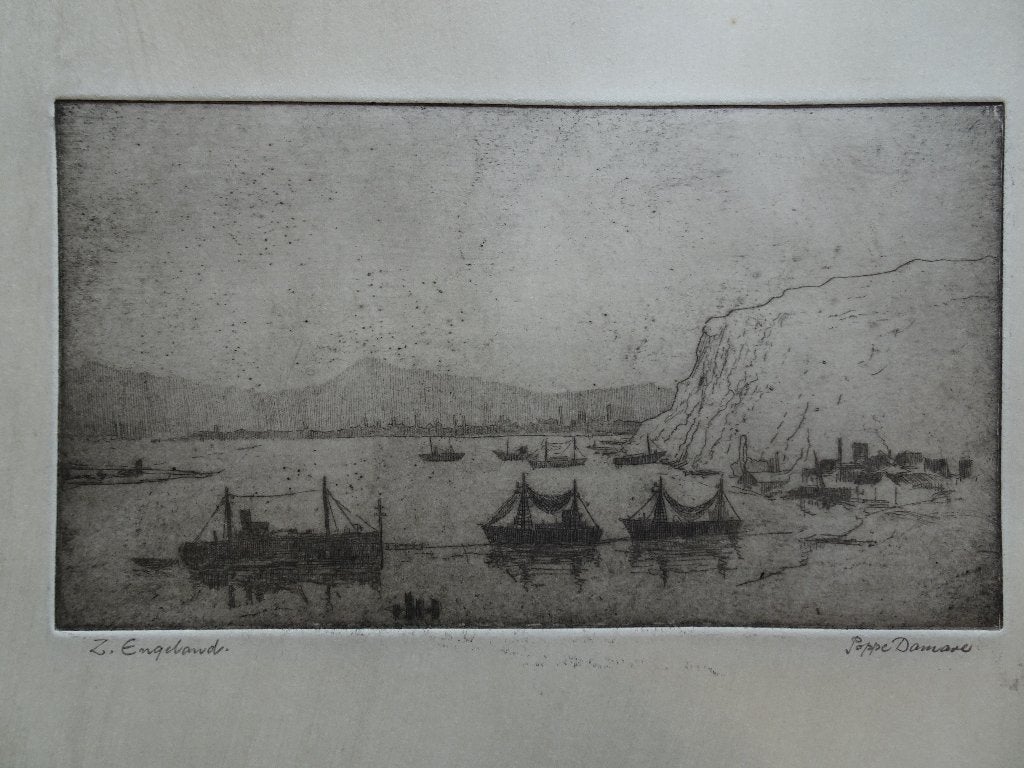 Ets krijtrotsen, schepen kust Z-Engeland, Poppe Damave, Antiek en Kunst, Kunst | Etsen en Gravures, Ophalen of Verzenden, Landschap