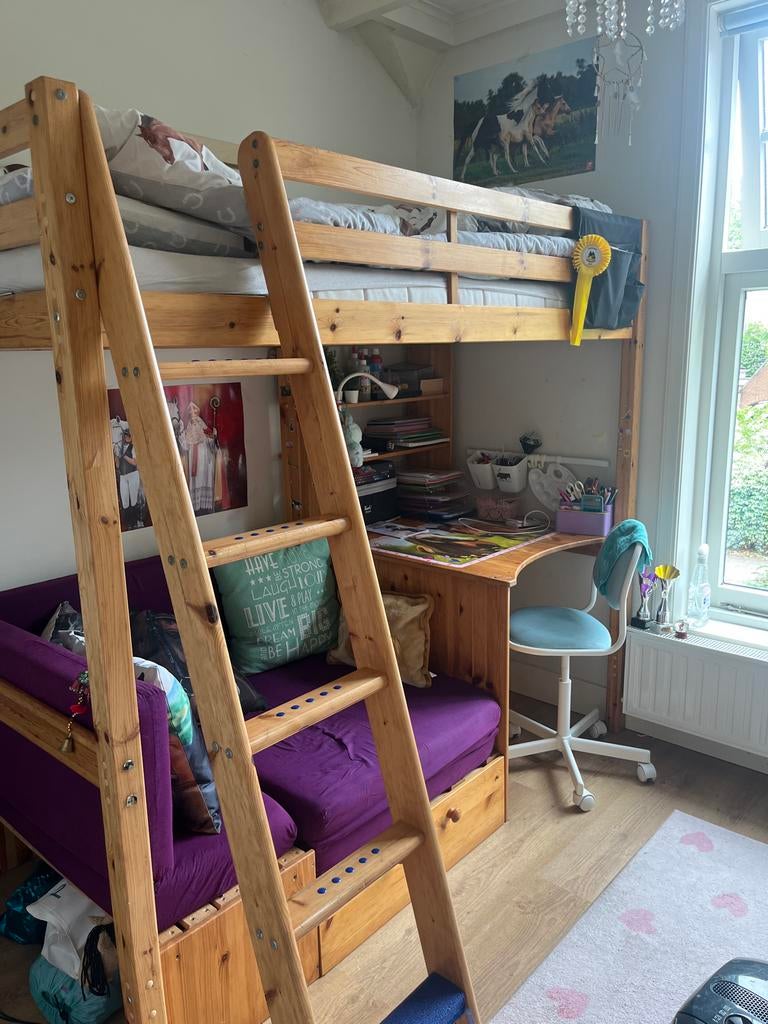 Stevige houten hoogslaper met chillbank en bureau, Ophalen, Gebruikt, Hoogslaper