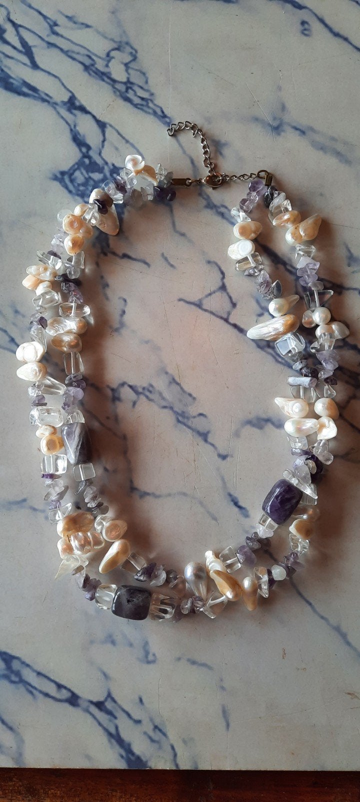 Vintage ketting met amethist en keshi parels, Gebruikt, Paars, Ophalen of Verzenden, Steen of Mineraal