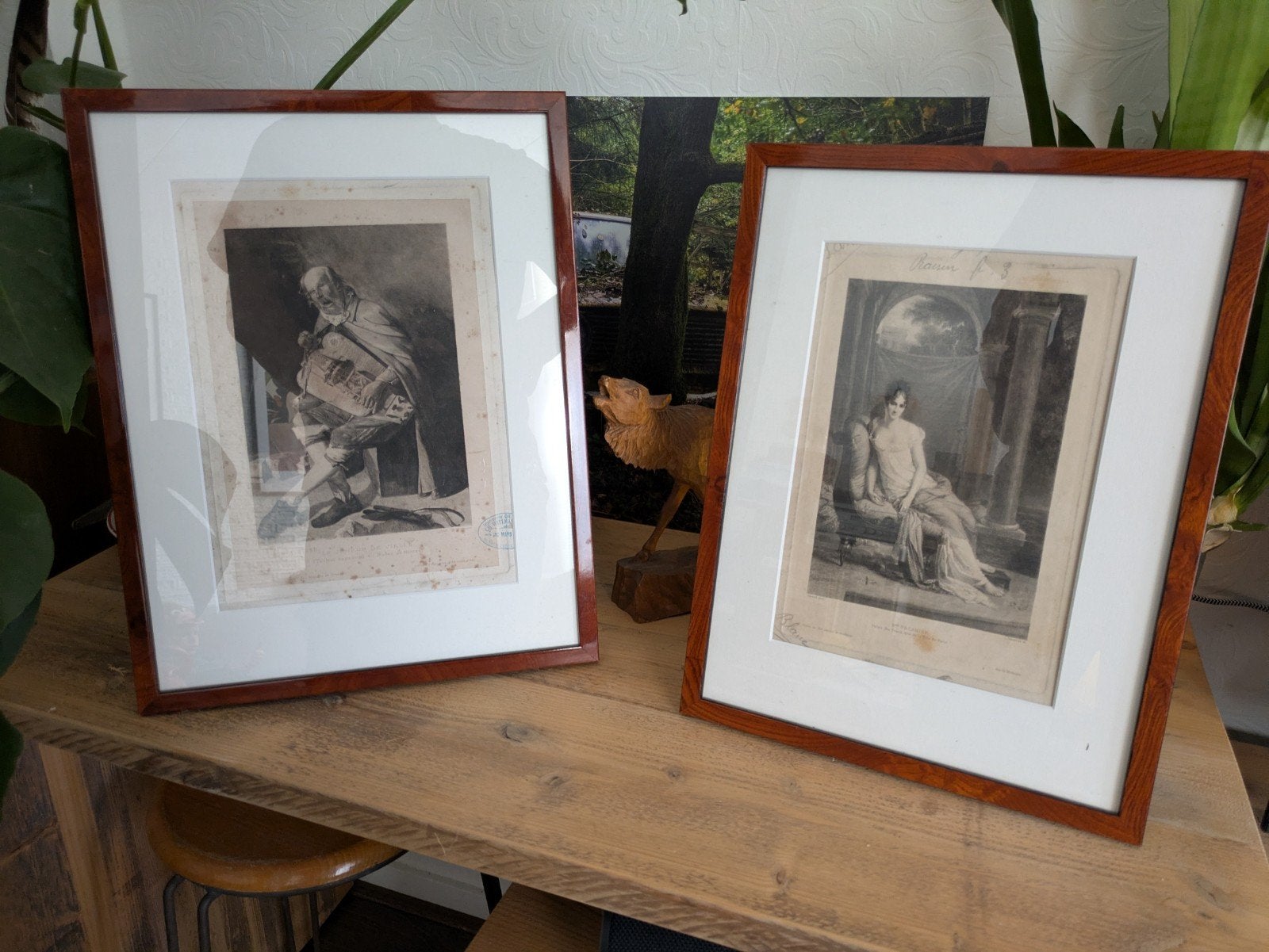 Twee ingelijste gravures Mme Récamier en Le Joueur de Vielle, Antiek en Kunst, Ophalen of Verzenden