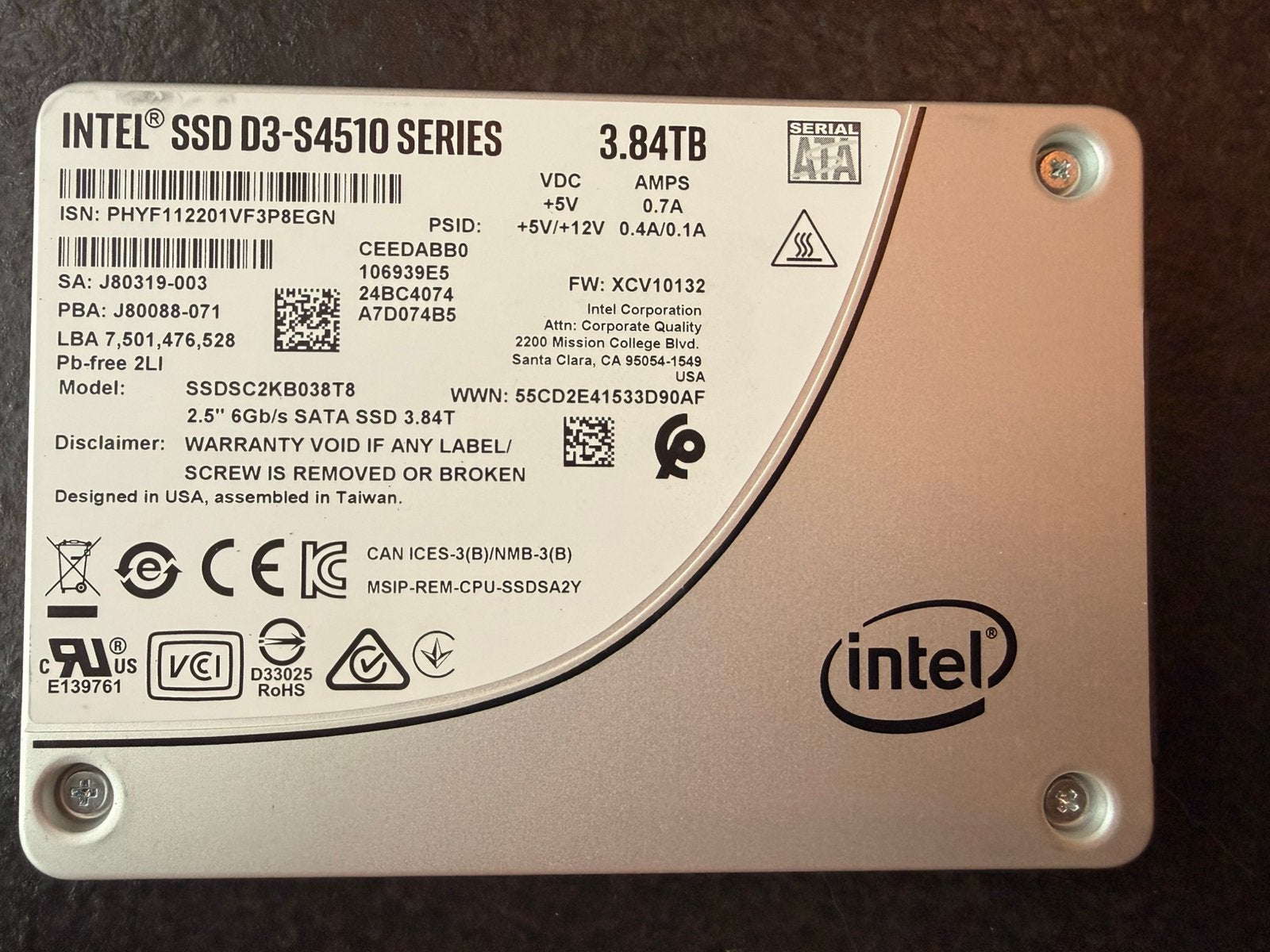 Intel 3,84TB SSD D3-S4510, Computers en Software, Harde schijven, Intern, Intel, Ophalen of Verzenden, Zo goed als nieuw