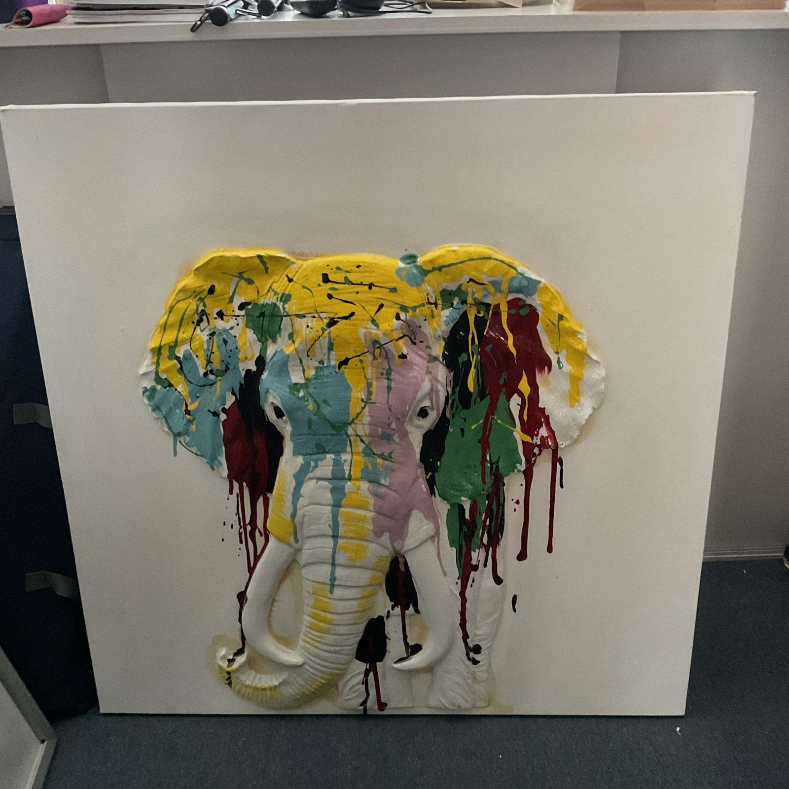 Schilderij olifant in reliëf - 100x100 cm, 3D-effect, Ophalen of Verzenden, Dieren, Olieverf