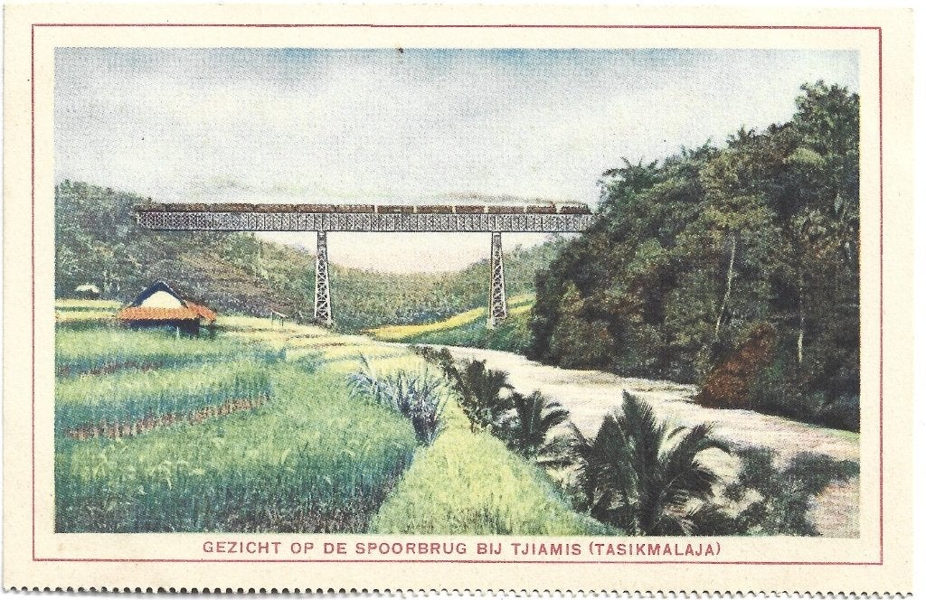 Indonesië;  Gezicht op de spoorbrug bij Tjiamis, Verzenden, 1920 tot 1940, Ongelopen, Buiten Europa