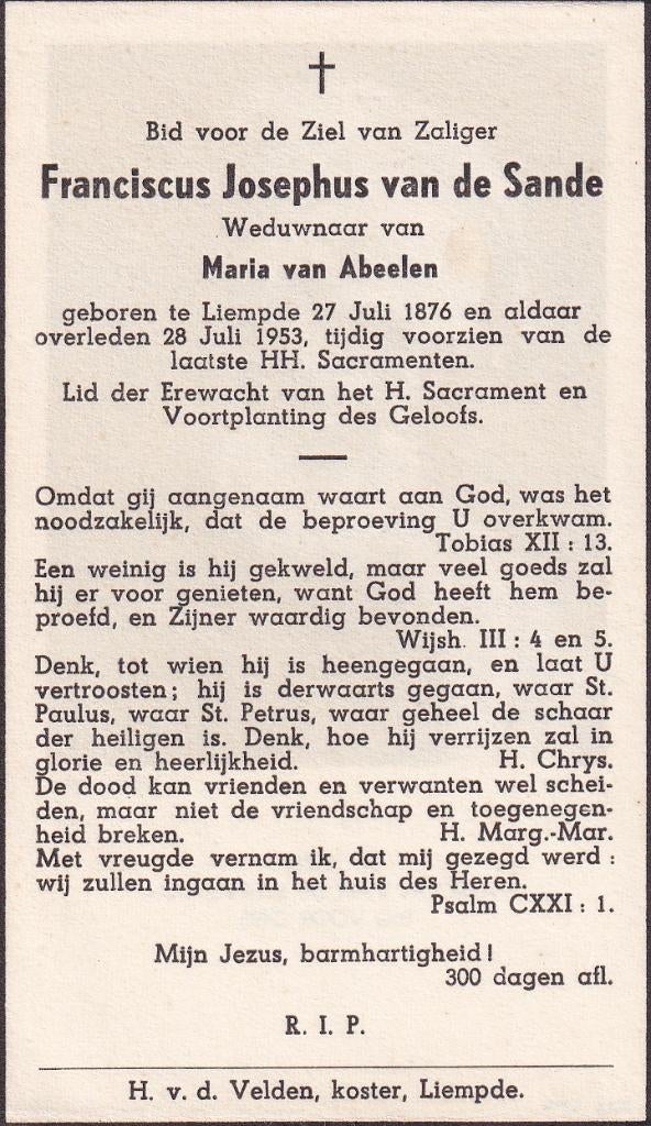 Sande Franciscus 1876 Liempde 1953, Ophalen of Verzenden, Bidprentje