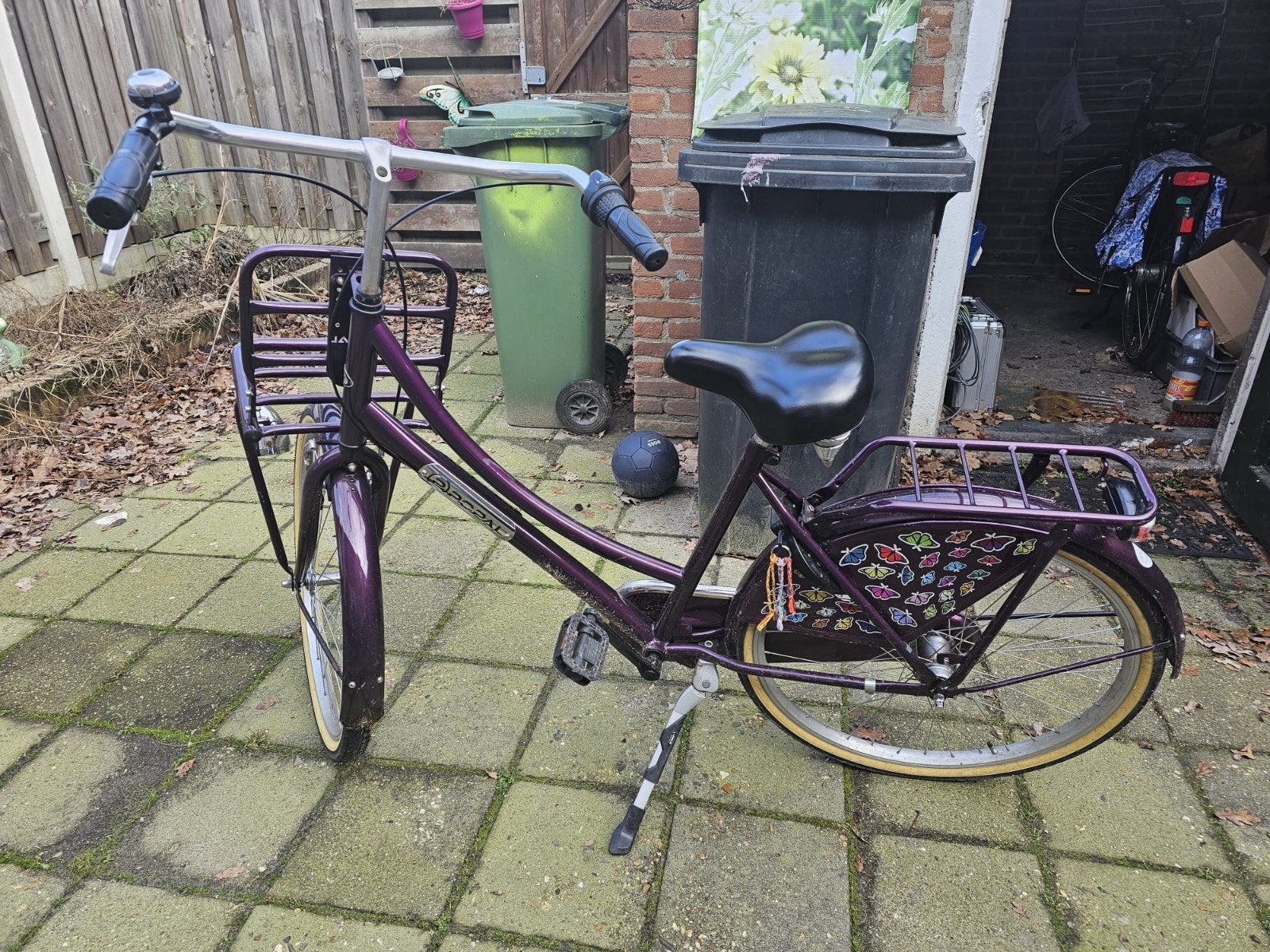 Paarse damesfiets met beugel voor mand en bagagedrager, Terugtraprem, 50 tot 53 cm, Ophalen, Overige merken