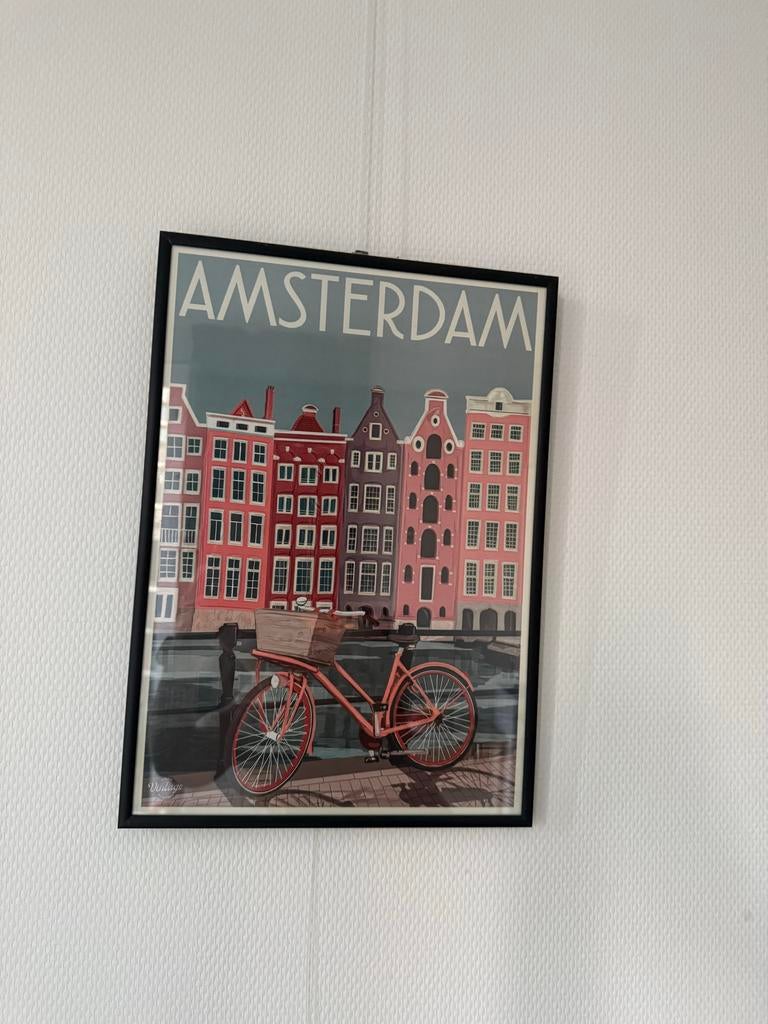 Amsterdam Poster met Grachtenpandjes en Fiets, Ophalen of Verzenden