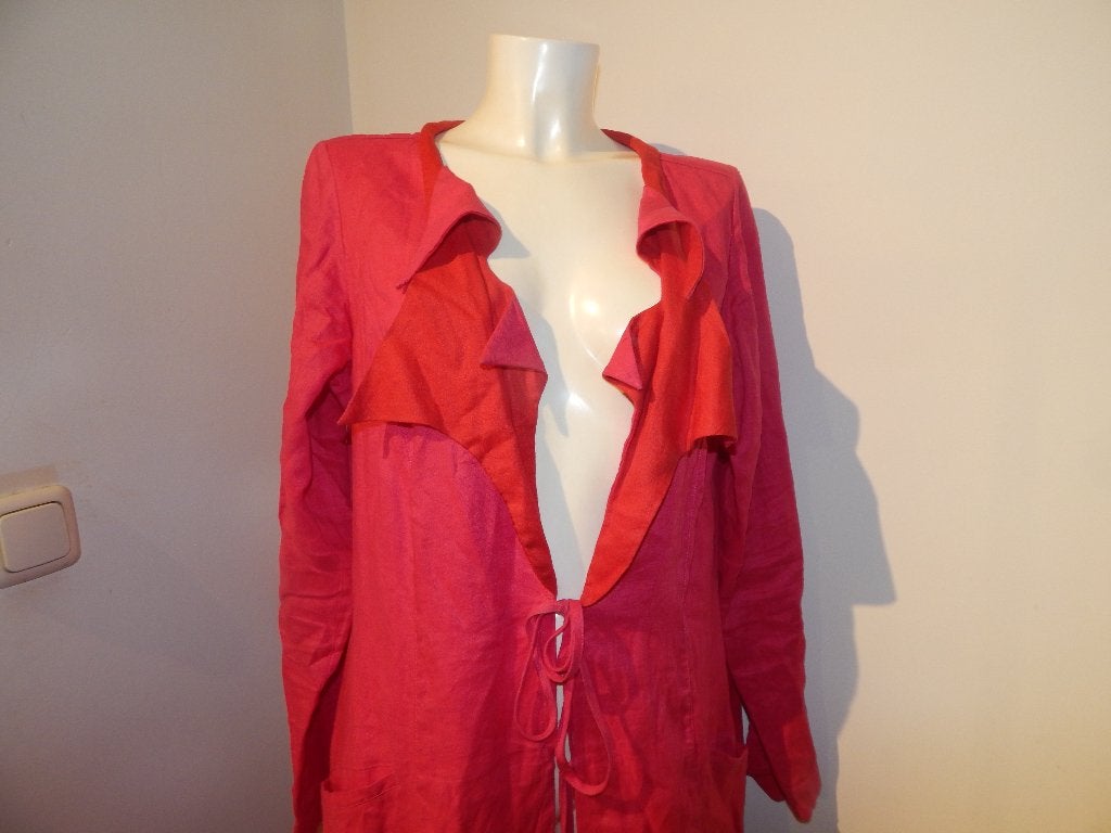 Hebbeding linnen jas punten onder en hals roze rood 40/42, Zo goed als nieuw, Jasje, Meerkleurig, Verzenden