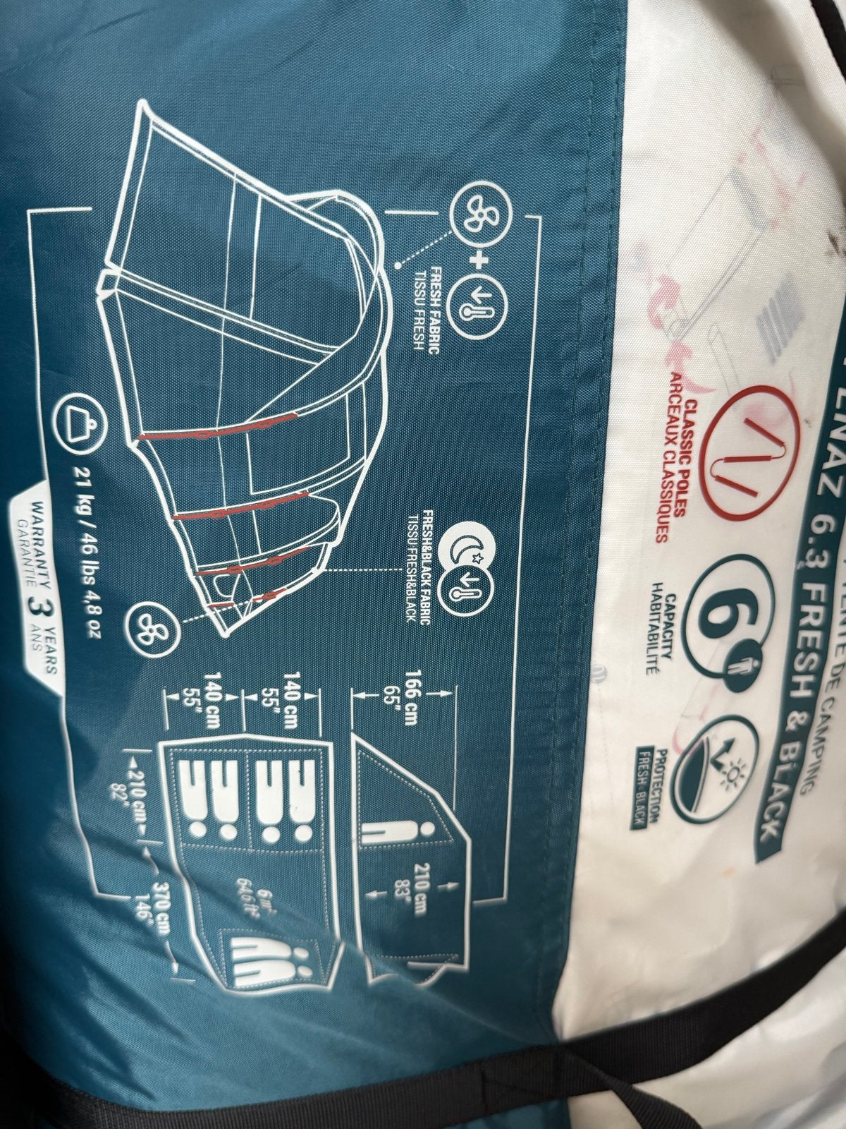 Arpenaz 6.3 Fresh & Black 6-persoonstent, 3 compartimenten, Caravans en Kamperen, Tenten, Ophalen, Gebruikt, Tot en met 6