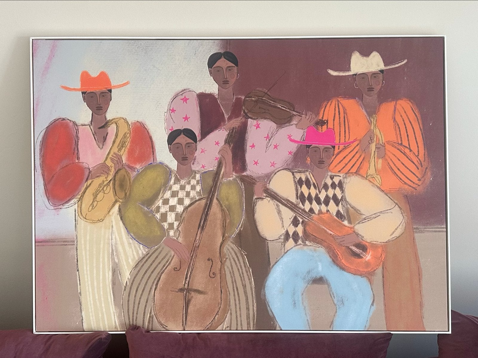 Schilderij ‘de Band’ - Canvas. 125cm x 90cm, Ophalen of Verzenden, Ingelijst, Print, Muziek
