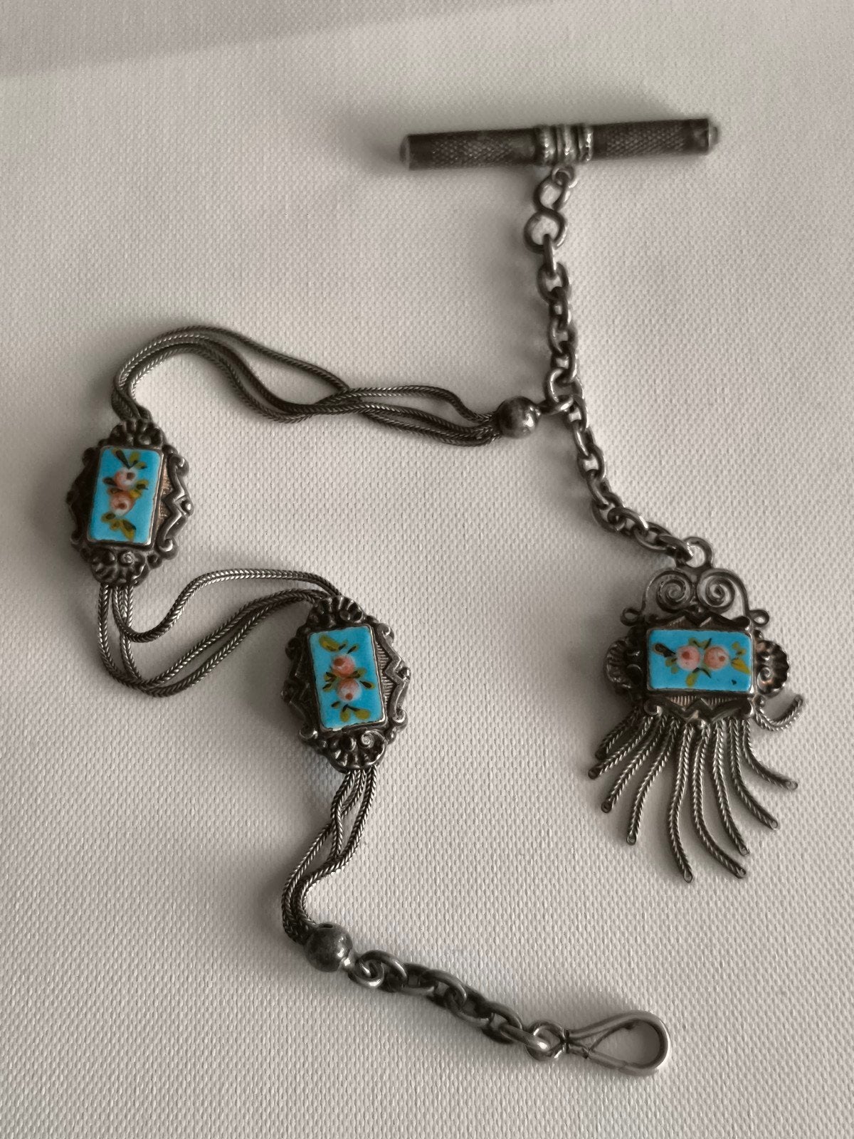 Antieke zilveren horlogeketting met emaille, 19e eeuw, Ophalen of Verzenden, Zilver
