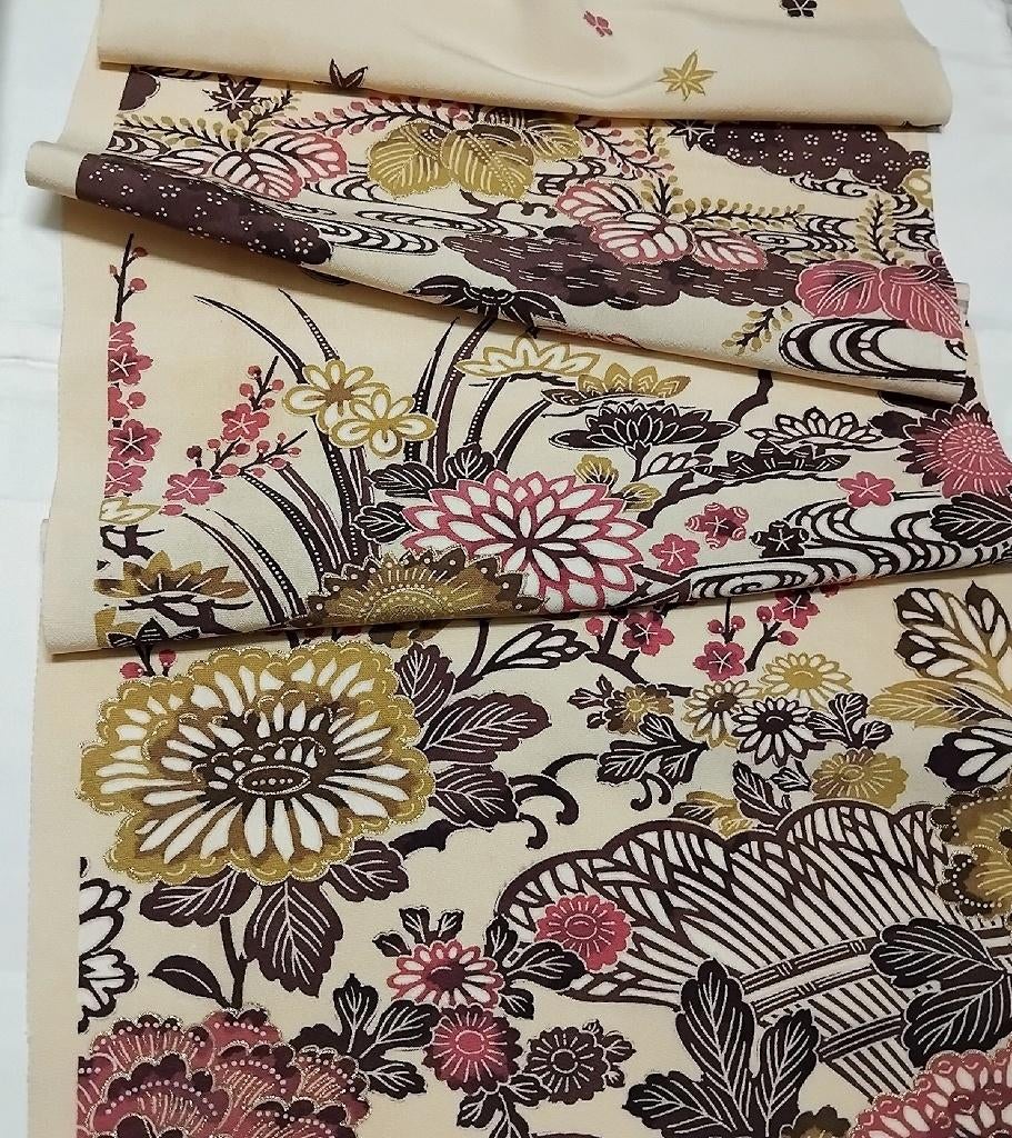 Japanse antieke handbedrukte coupon stevigere zijde 100x35cm, Overige kleuren, Verzenden, Zo goed als nieuw, 30 tot 120 cm