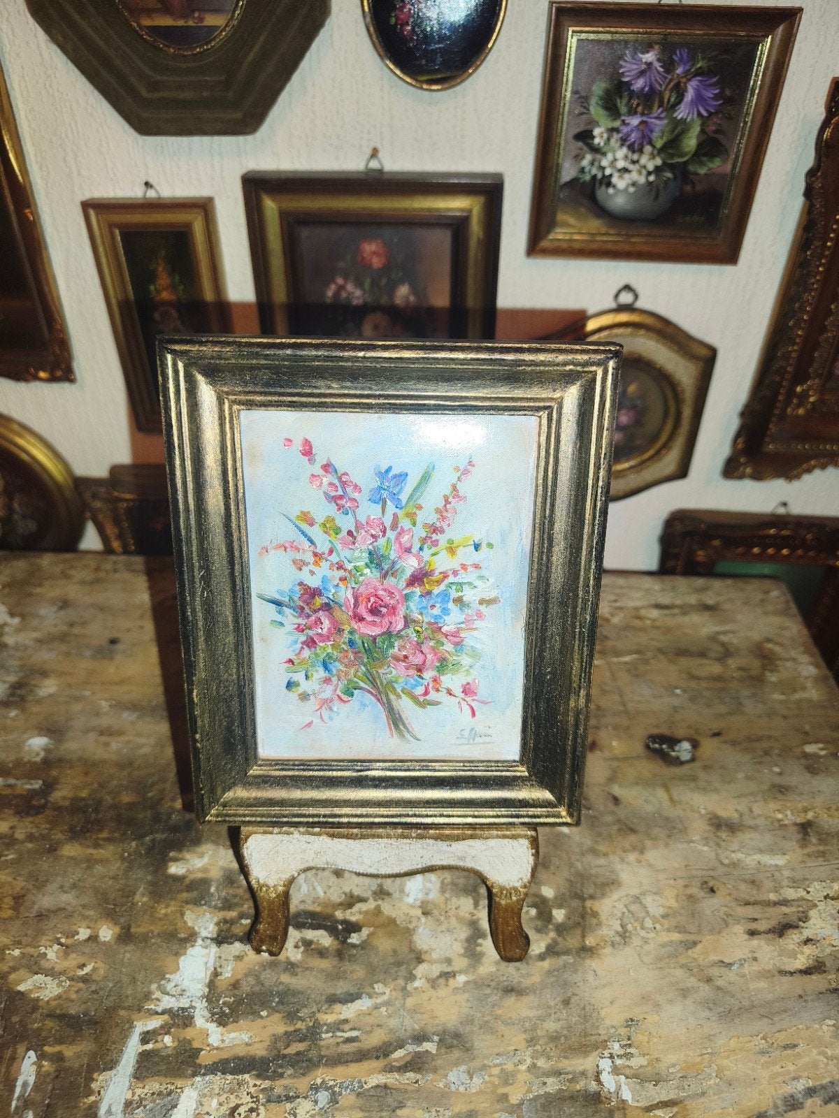 Oud olieverf schilderijtje olieverfschilderijtje bloemen A18, Ophalen of Verzenden