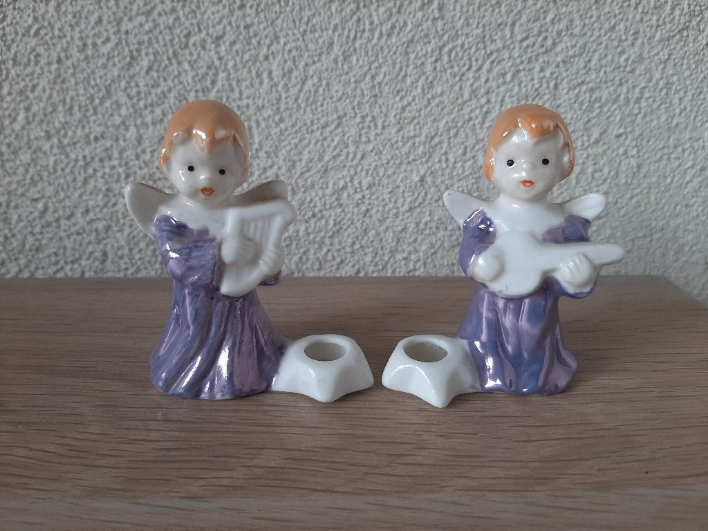 2x beeldje engel engeltje met paars jurkje, Ophalen, Gebruikt