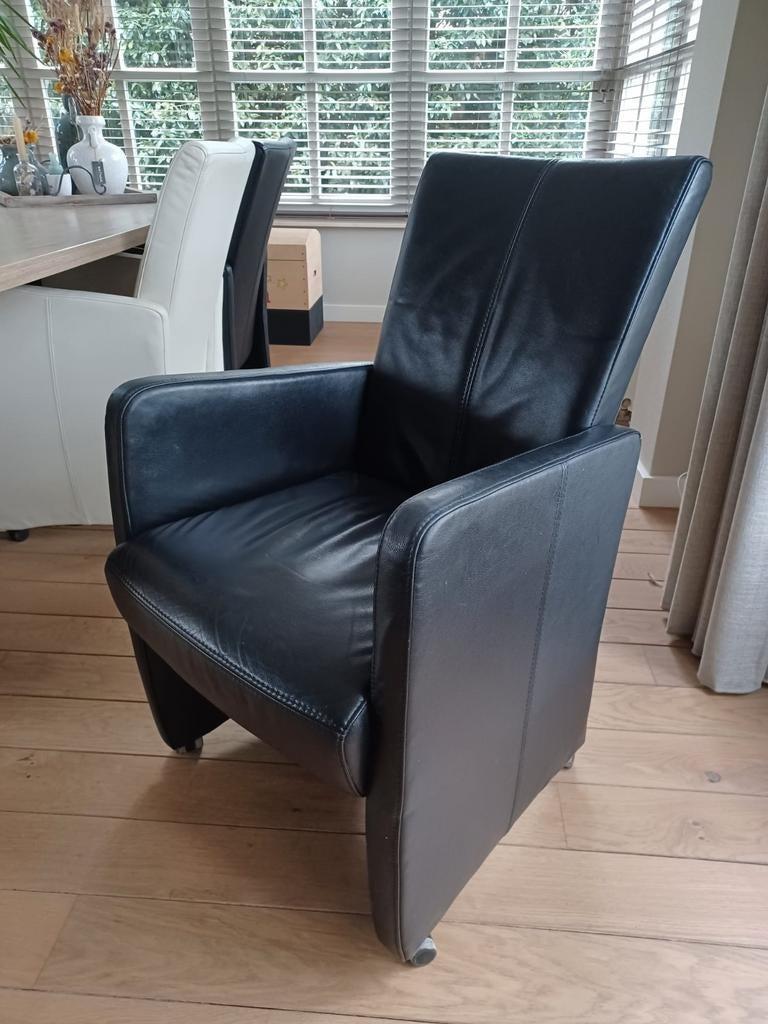 Leren eetkamerstoelen met wieltjes - Zwart en Wit, Ophalen, Gebruikt, Zwart, Leer