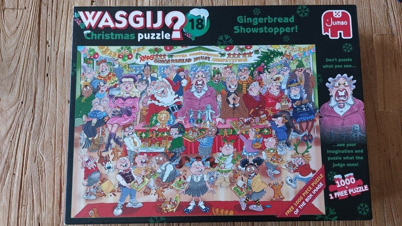 Wasgij Kerstpuzzel 1000 stukjes - Gingerbread Snowstopper, Ophalen of Verzenden, 500 t/m 1500 stukjes, Gebruikt, Legpuzzel