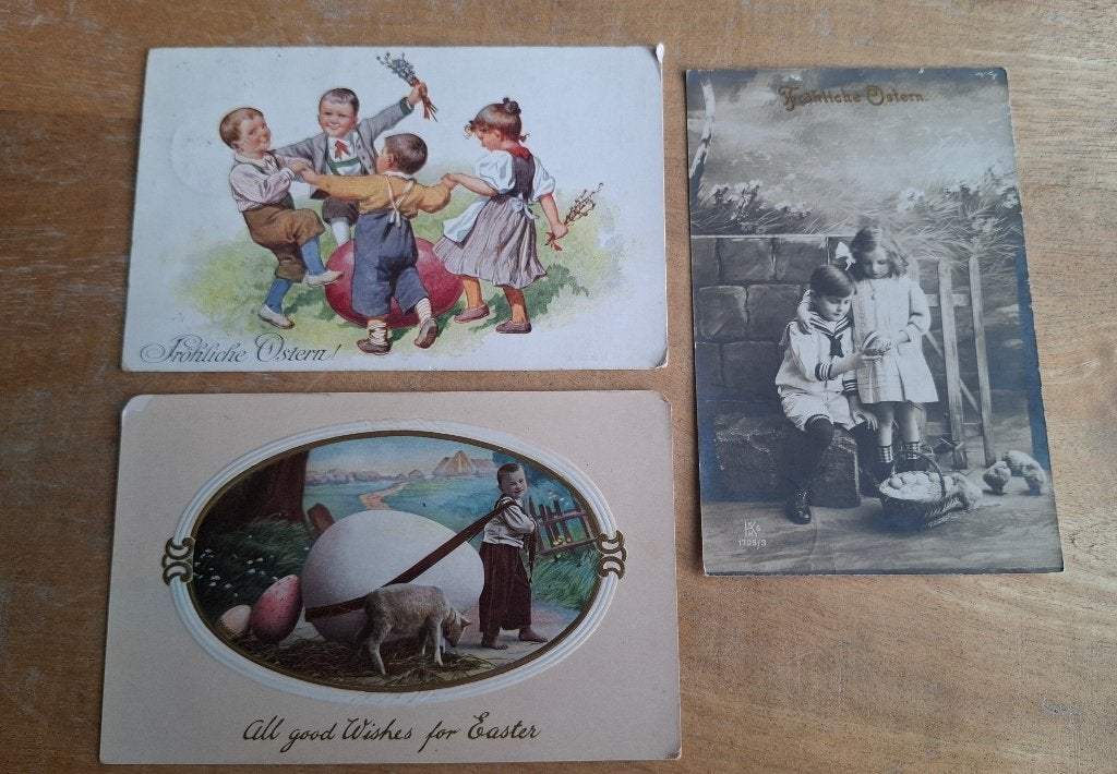 Antieke klein formaat postkaarten pasen, Verzamelen, Ophalen, Voor 1920, Gelopen, Overige thema's