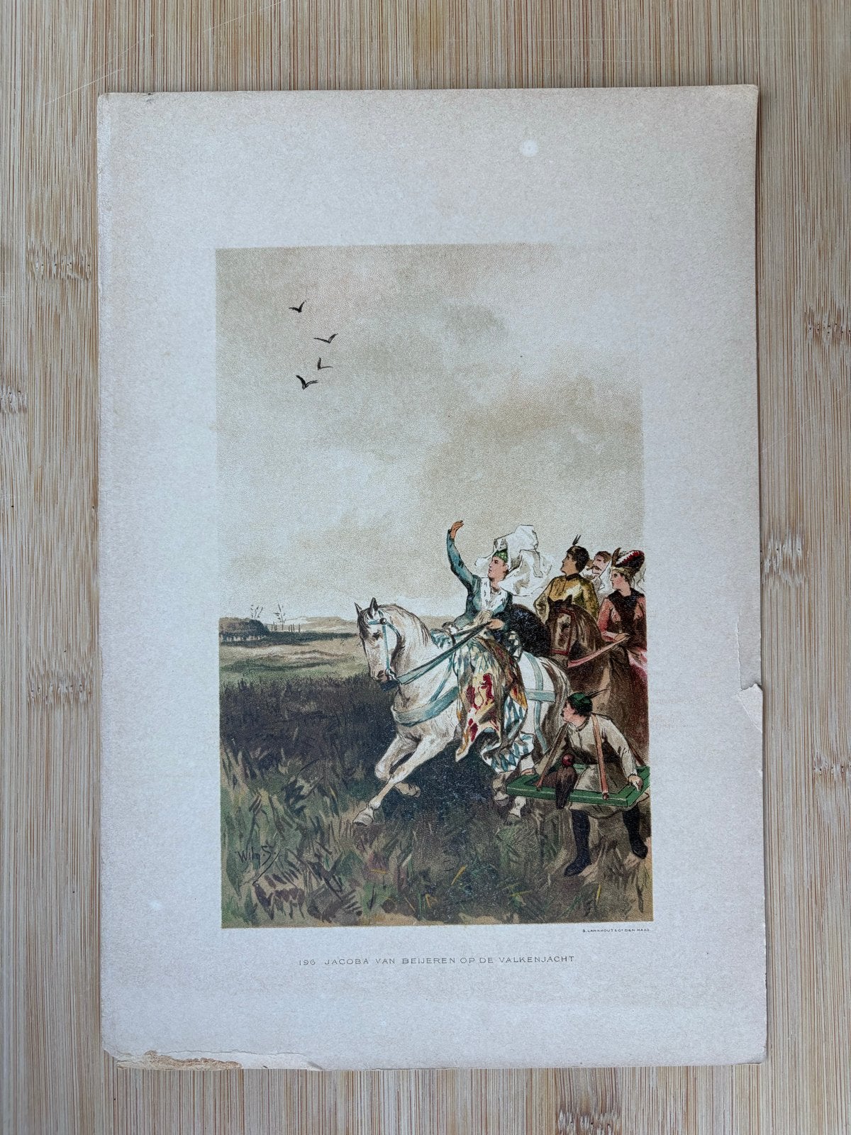 Antieke prent Jacoba van Beieren op valkenjacht, Ophalen of Verzenden