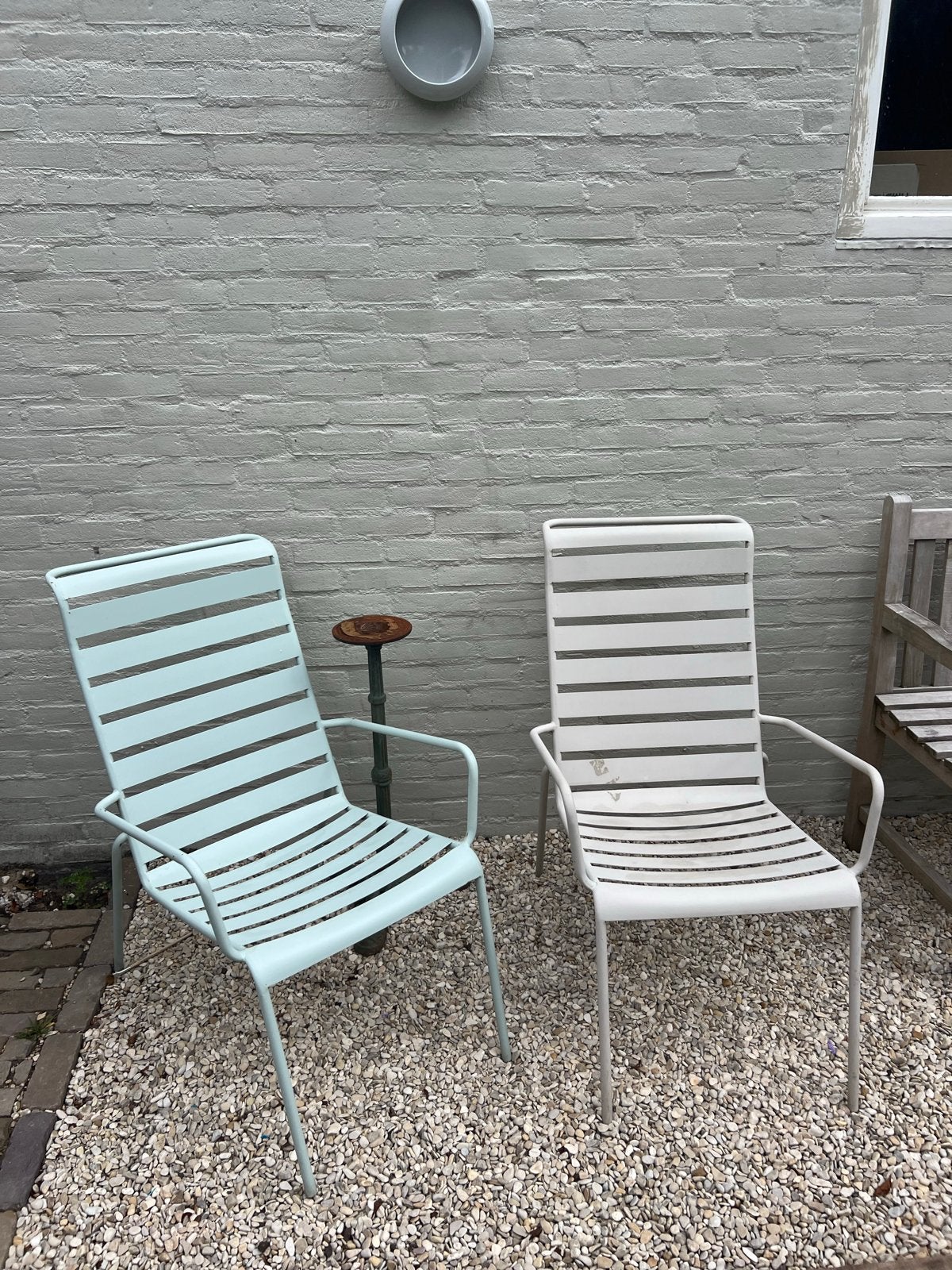 2x Stalen Lig-zit Stoelen (Fermob look-a-like), Ophalen, Gebruikt, Metaal