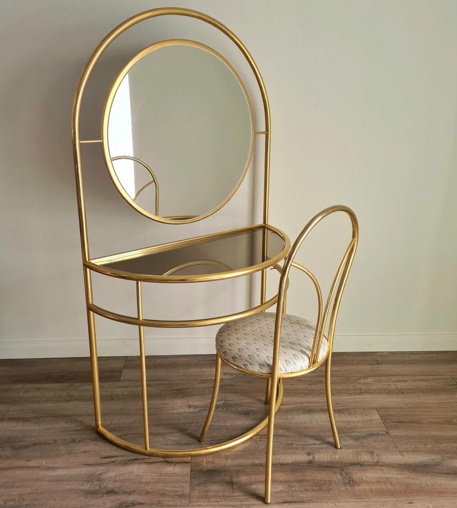 Vintage retro spiegel make up vanity tafel goud messing, Ophalen of Verzenden