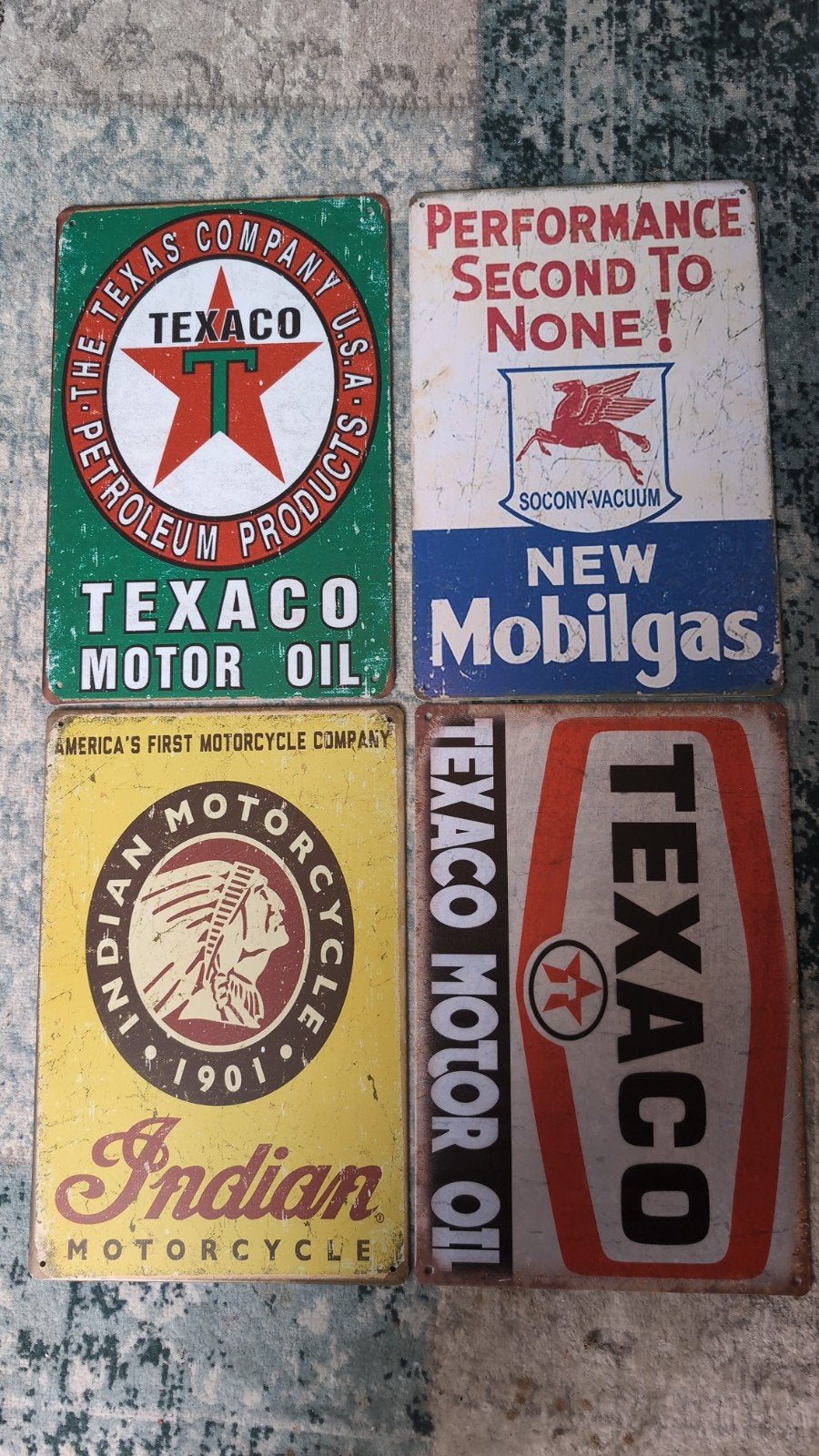 Vintage metalen reclameborden - Texaco, Mobilgas, Indian, Verzamelen, Ophalen of Verzenden, Gebruikt, Auto's
