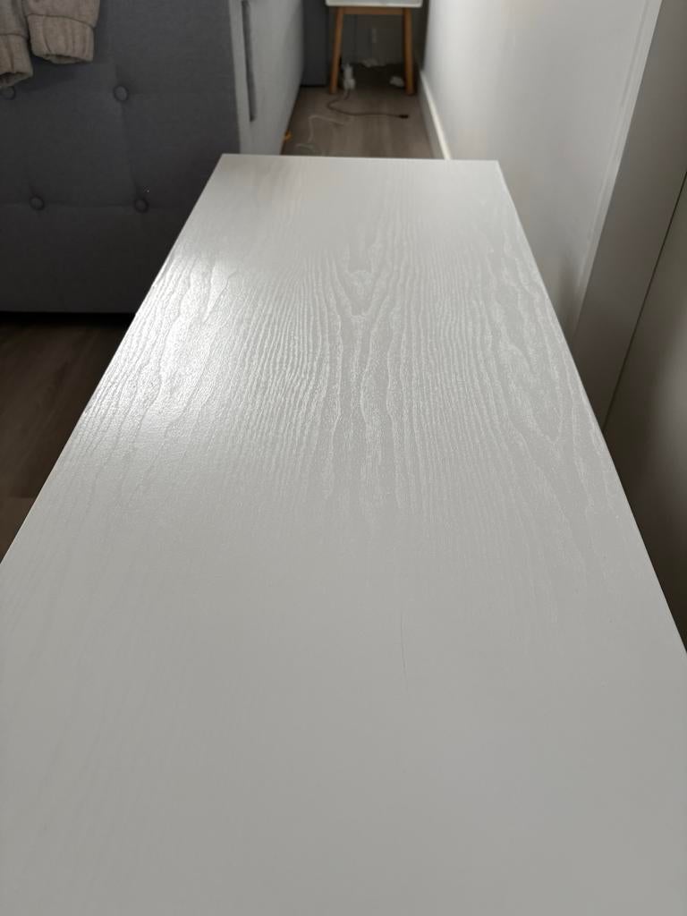 Beige houtlook tv meubel met metalen frame, Ophalen, Japandi, Gebruikt, 100 tot 150 cm
