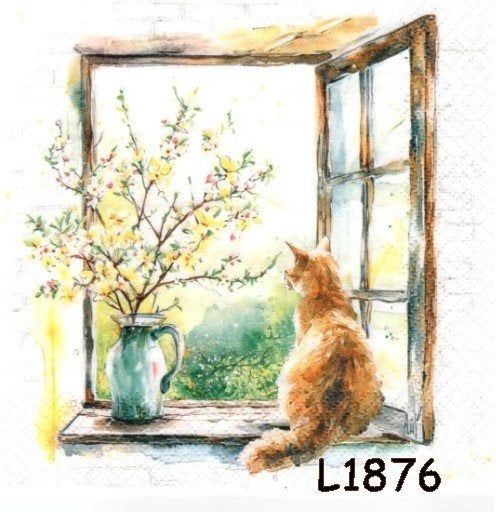 Servetten decoupage/bullet journal - kat in venster L1876, Verzenden, Nieuw