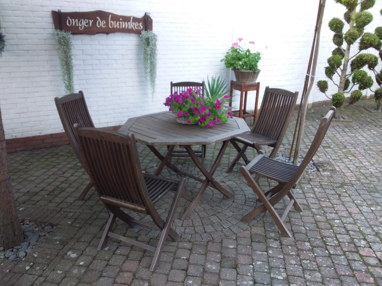 Hardhouten tuinset met 5 stoelen en achthoekige tafel, Tuin en Terras, Ophalen, 5 zitplaatsen, Gebruikt, Hardhout