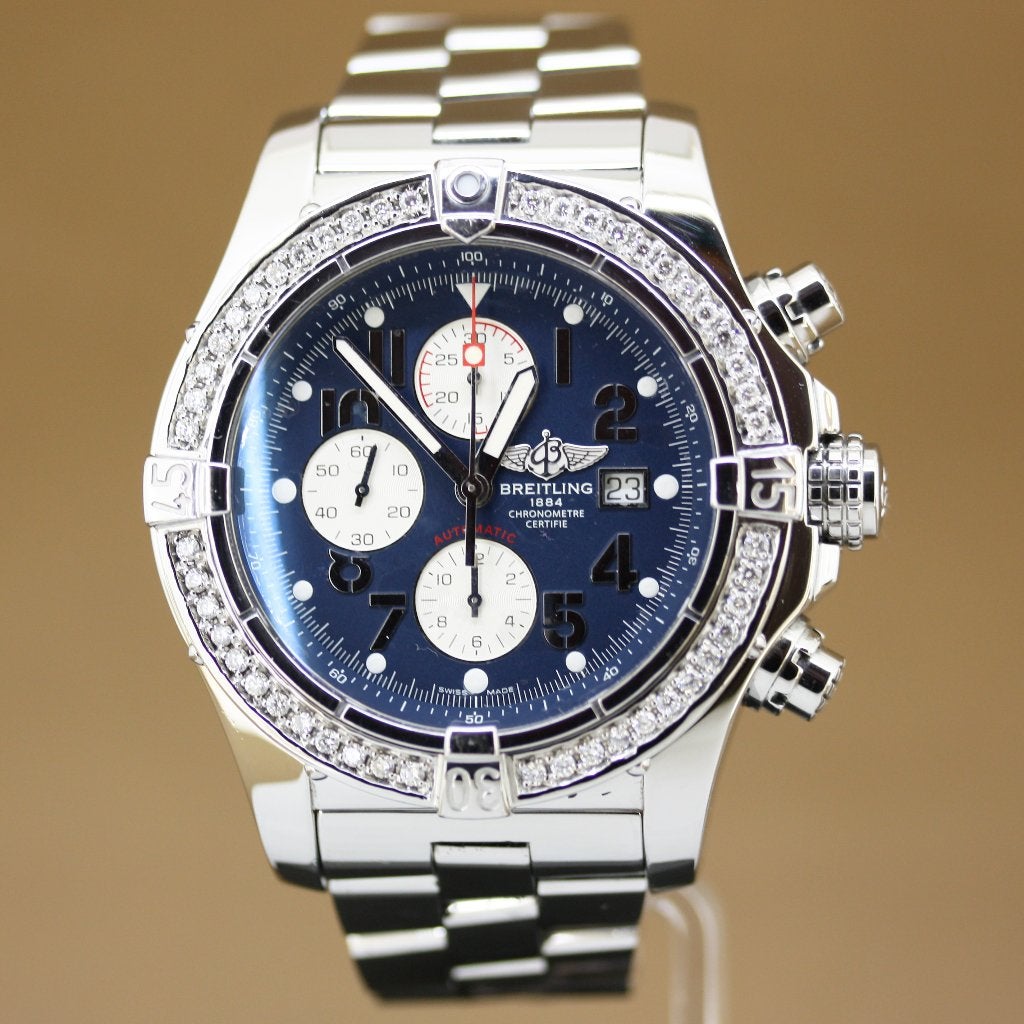 Breitling Super Avenger A13370 Blauw Diamant, Staal, Gebruikt, Staal, Breitling