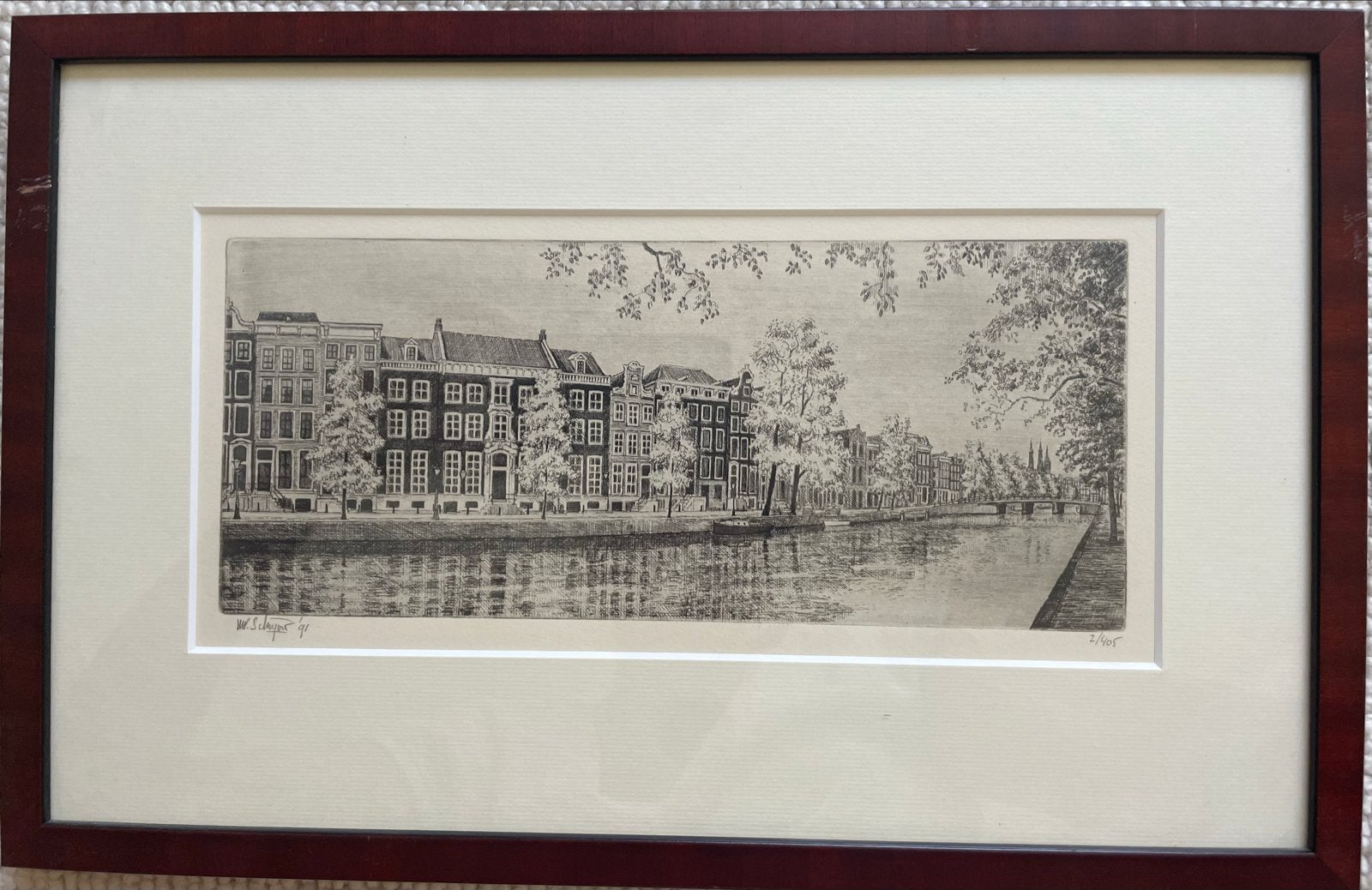 Ets van Michiel Schrijver - Amsterdamse gracht, Stadsgezicht, Ophalen of Verzenden, Gesigneerd, 1950 - 1999