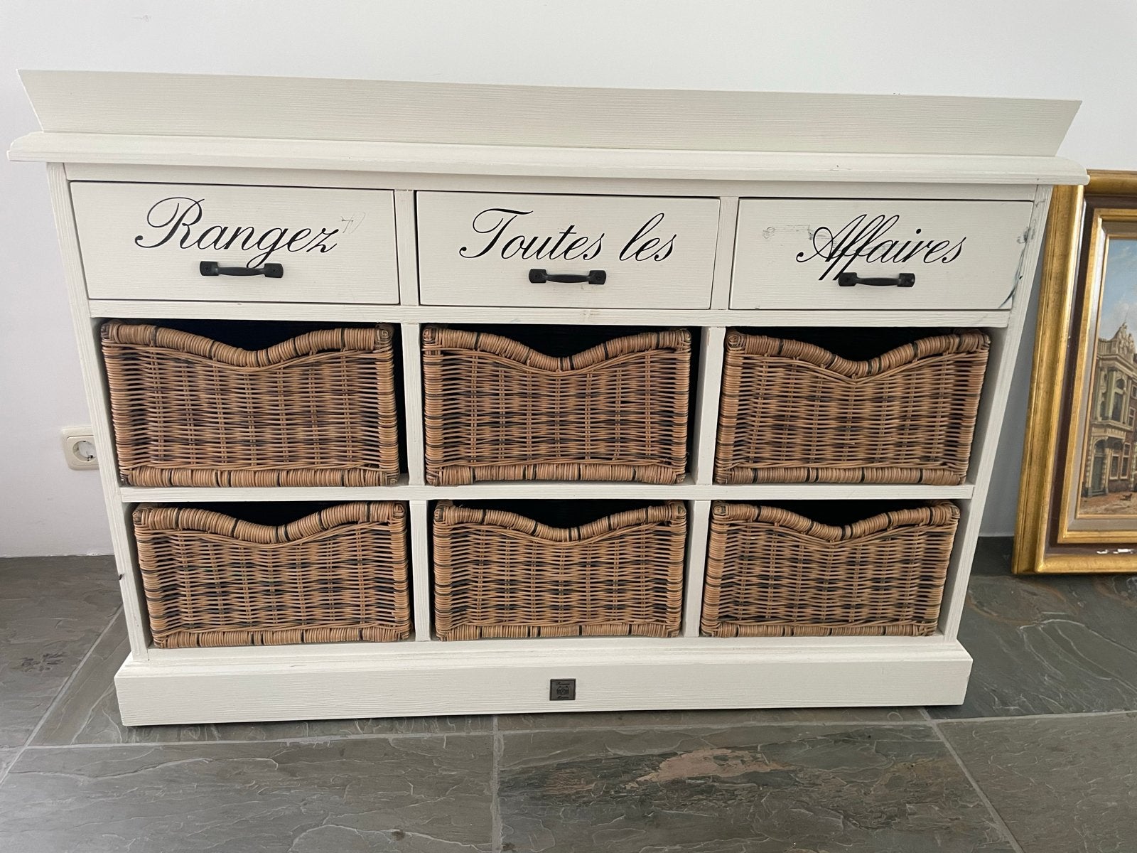 Landelijke Riviera Maison ladekast met rieten manden, Huis en Inrichting, Kasten | Dressoirs, Ophalen, Gebruikt, 100 tot 150 cm