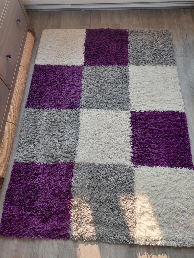 Paars Vloerkleed met Blokpatroon - Zacht en Modern, Ophalen, Gebruikt, 100 tot 150 cm, 150 tot 200 cm