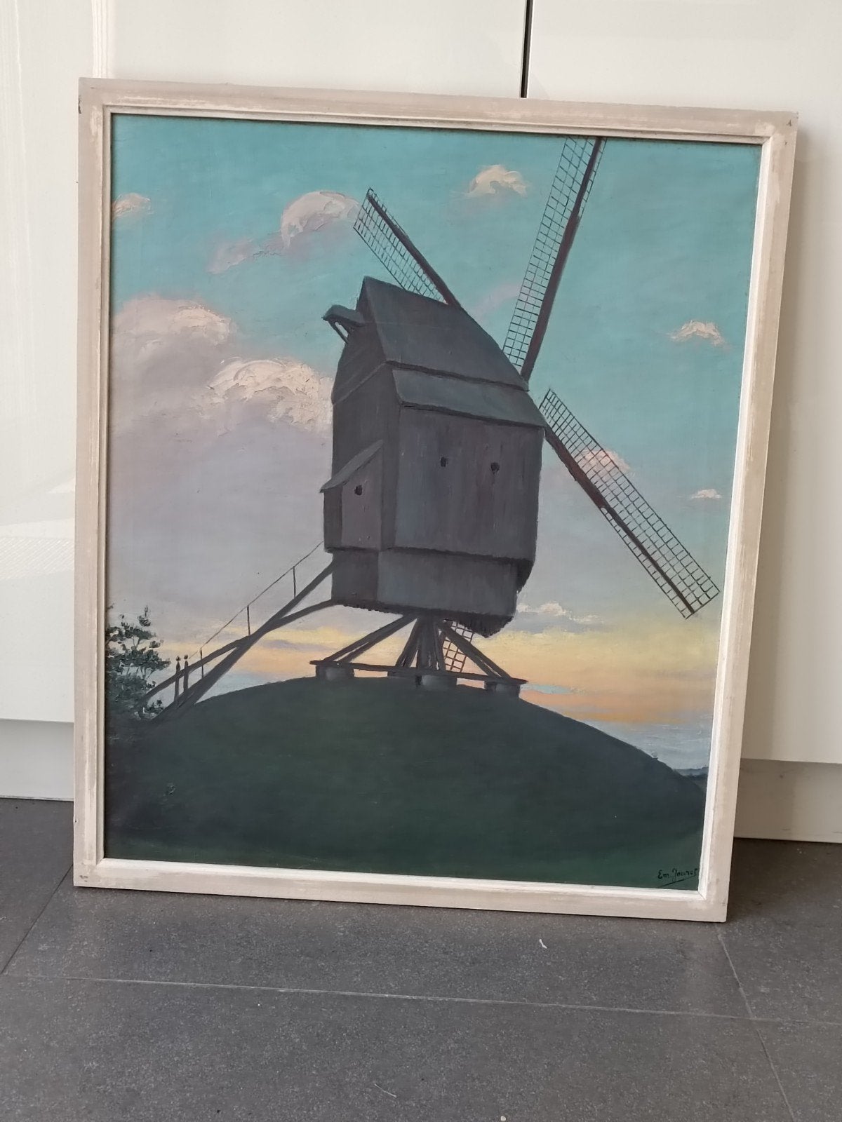 Schilderij houten Staakmolen / Standerdmolen van Em. Jouret, Antiek en Kunst, Ophalen