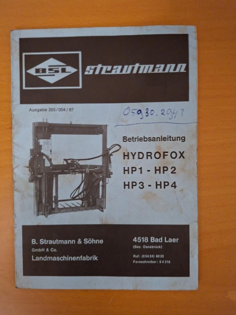 Bedieningshandleiding Strautmann Hydrofox HP1 HP2 HP3  HP4, Ophalen of Verzenden, Gelezen, Tractor en Landbouw