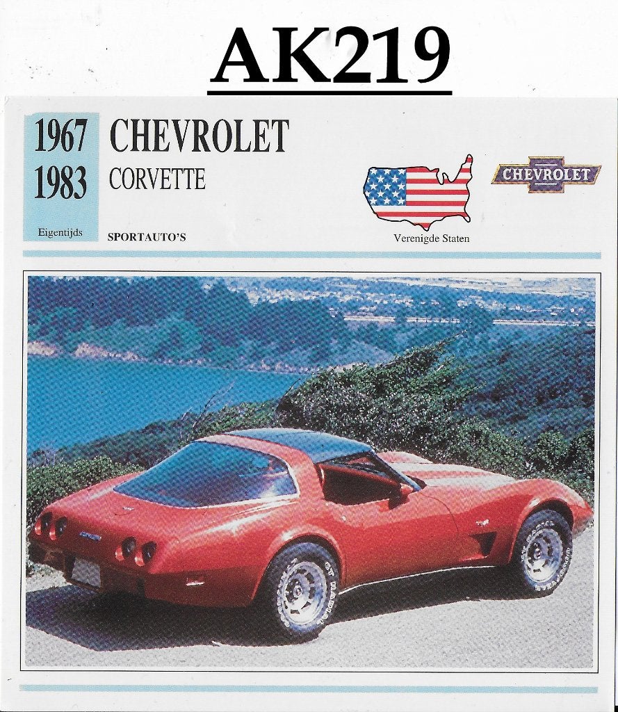 Ak219 autokaart chevrolet corvette ( 1967 / 1983 ), Ophalen of Verzenden, Auto's