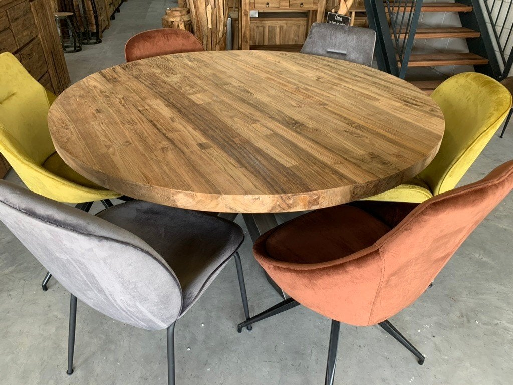 Rond tafelblad, 5 cm dik, geborsteld teak, gerecycled, poot, Nieuw, Ophalen of Verzenden, Vijf personen of meer, 100 tot 150 cm