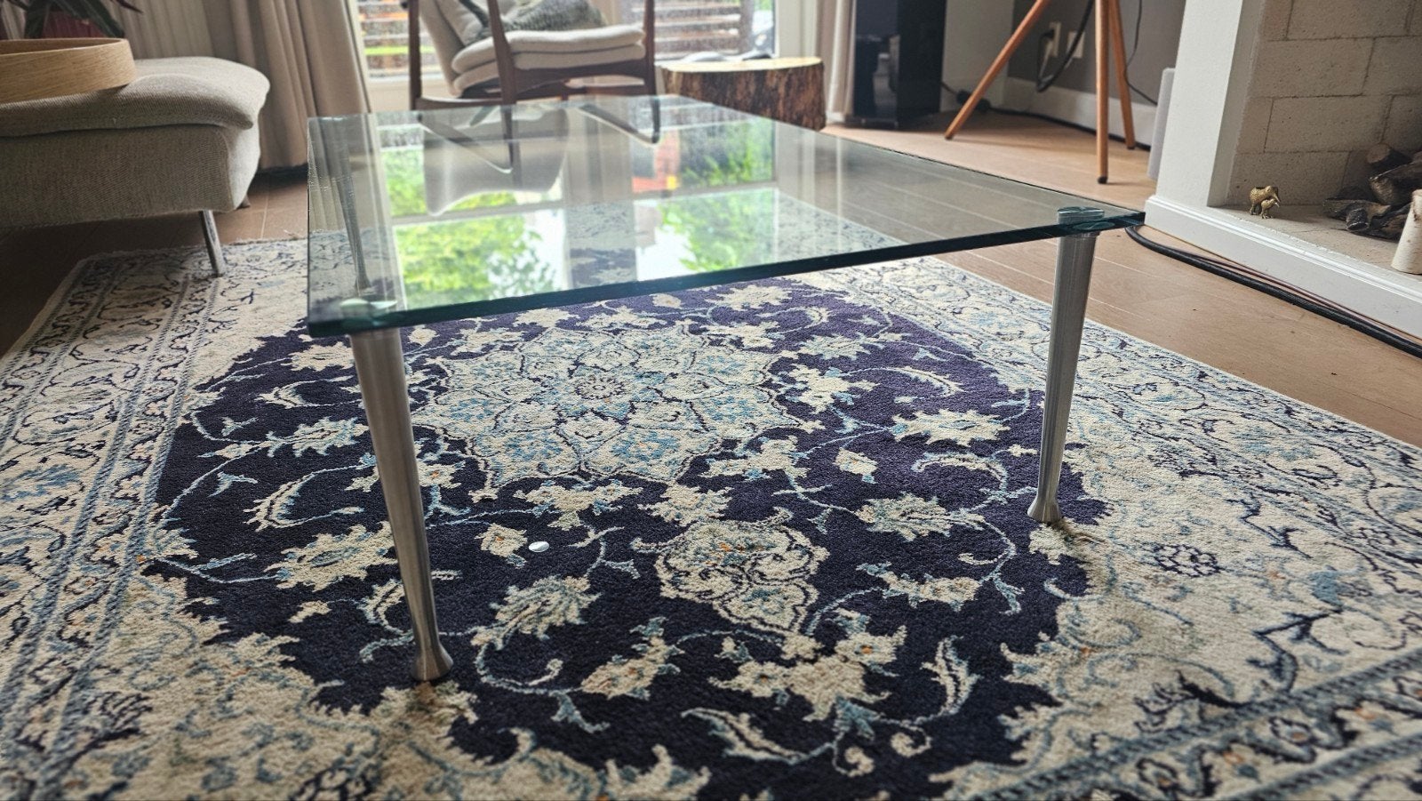 Robuuste glazen salontafel met RVS poten (70x130x32 cm), Ophalen, Gebruikt, 100 tot 150 cm, 50 tot 100 cm