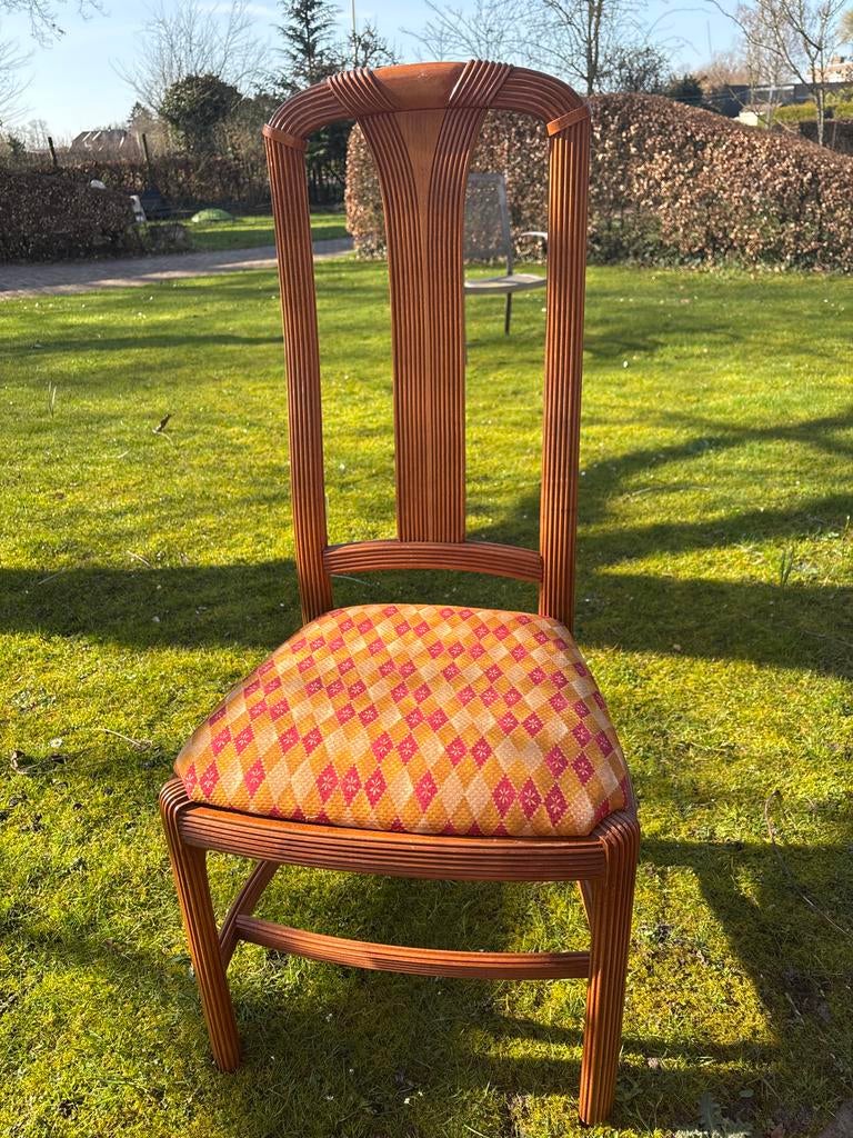 8 Houten eetkamerstoelen met losse zittingen in 2 kleuren, Huis en Inrichting, Stoelen, Ophalen, Gebruikt, Overige kleuren, Vijf, Zes of meer stoelen